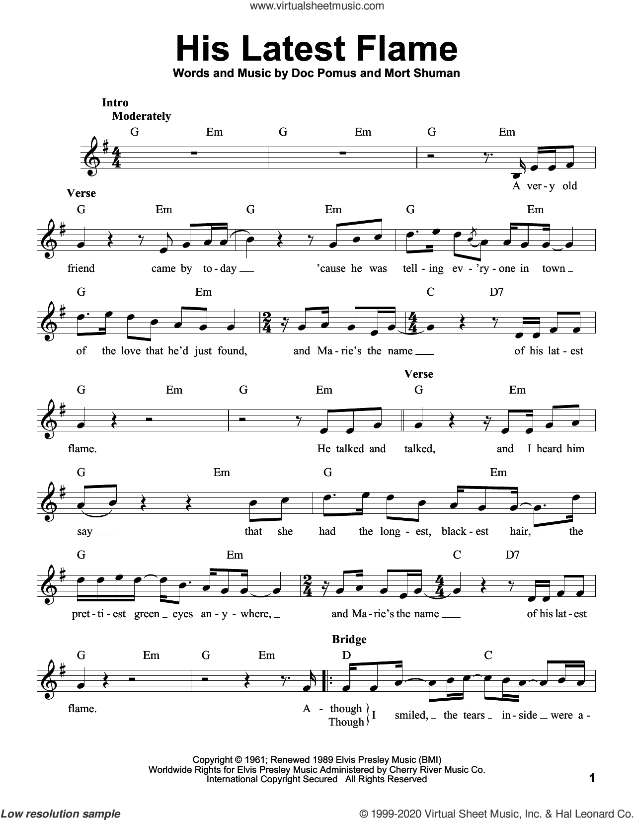 Presley - His Latest Flame sheet music for voice solo (PDF)