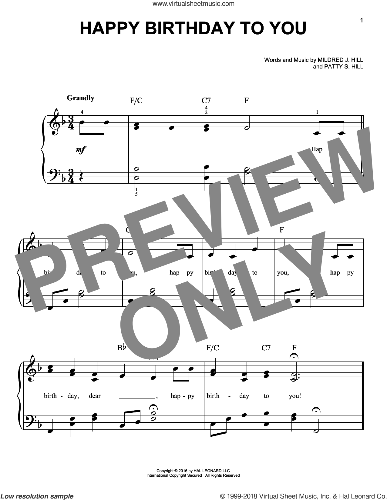 Mildred J. Hill: Happy Birthday To You sheet music for piano solo