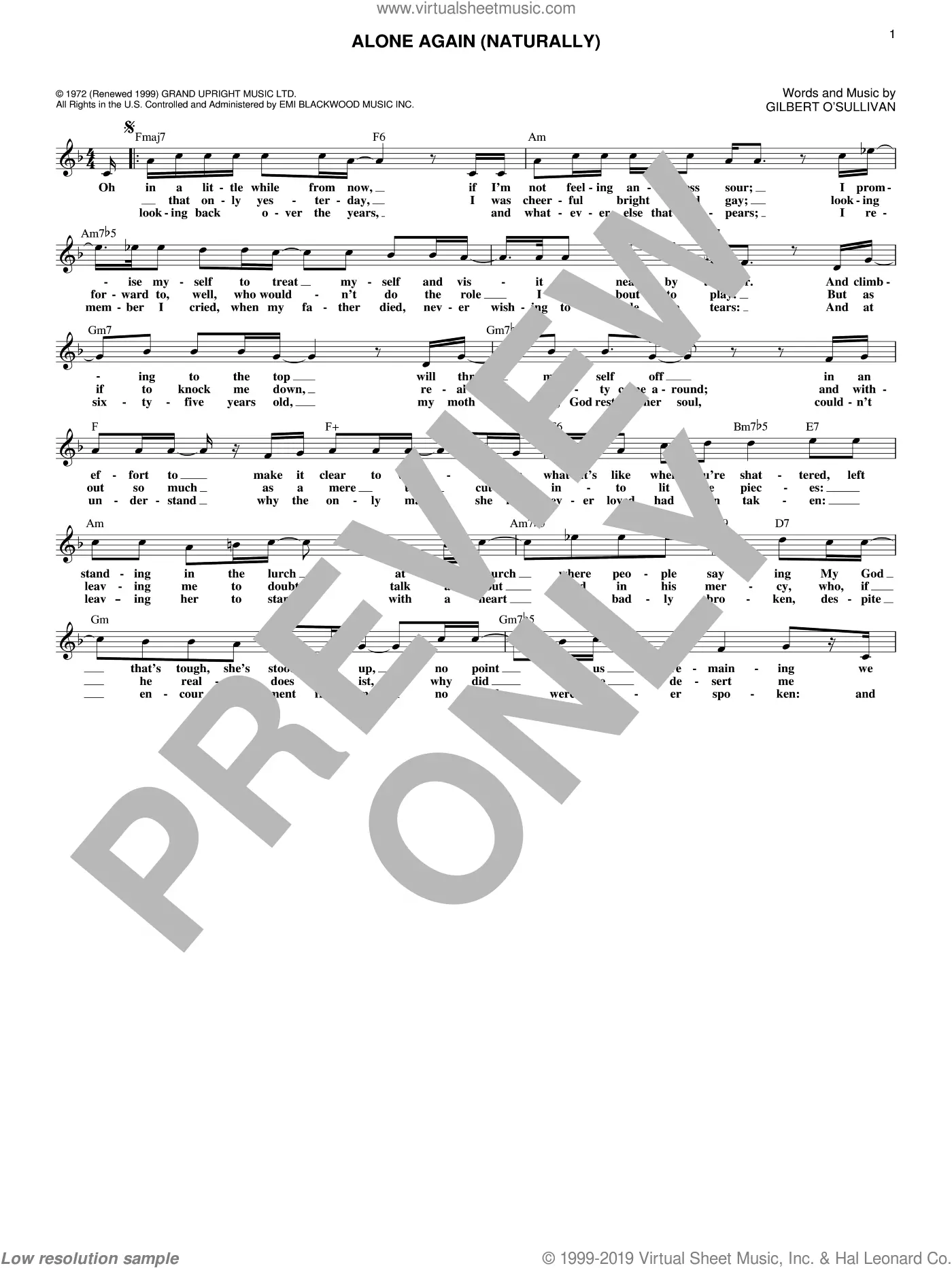 Gilbert O'Sullivan 'Alone Again (Naturally)' Sheet Music, Chords & Lyrics