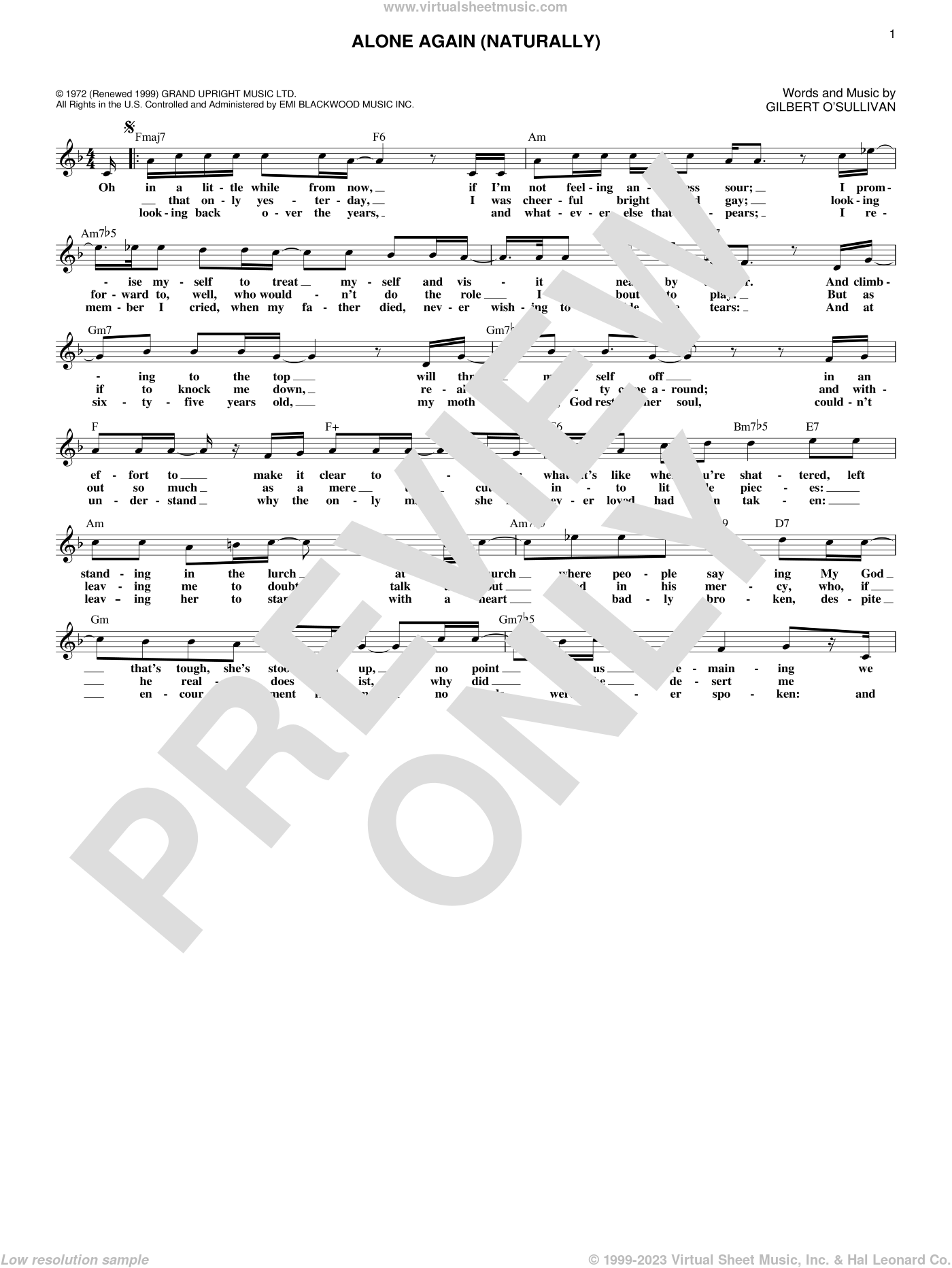 Alone Again (Naturally) Sheet Music | Gilbert O'Sullivan | Easy Lead Sheet  / Fake Book
