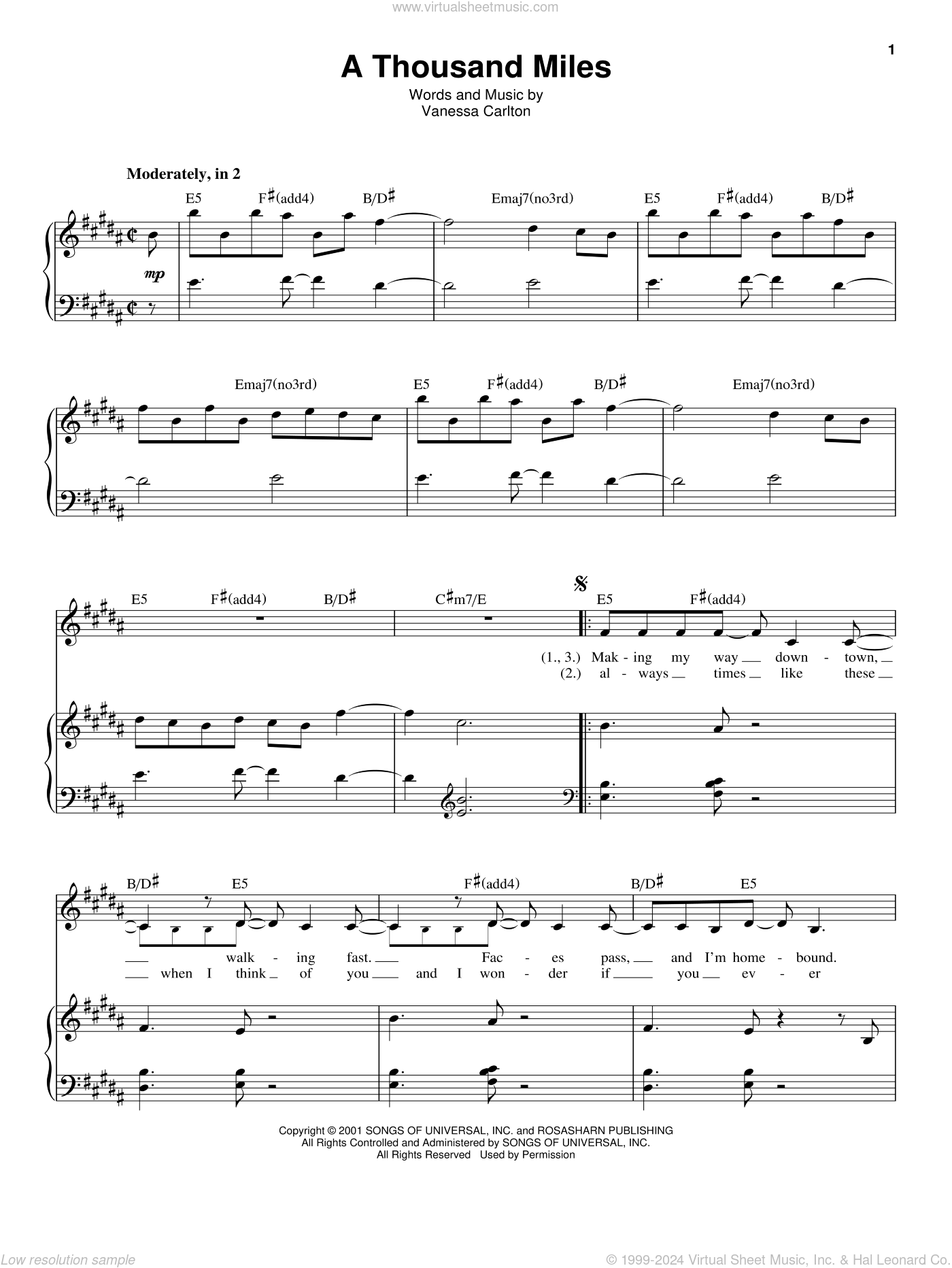 ＢＢ楽譜「The Journey of a Thousand Miles」 A Thousand Miles sheet music for voice and piano (PDF)