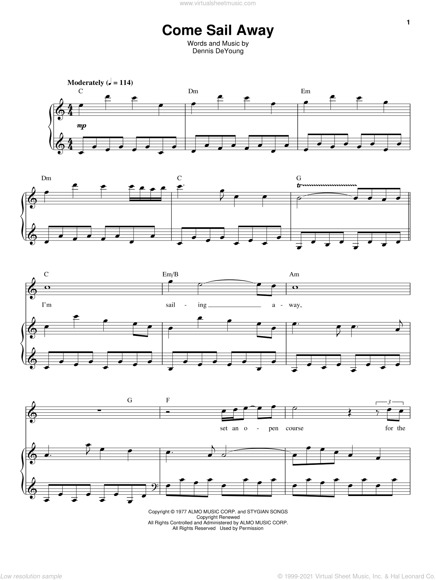 Styx Come Sail Away Sheet Music For Voice And Piano Pdf - halo 3 theme roblox piano