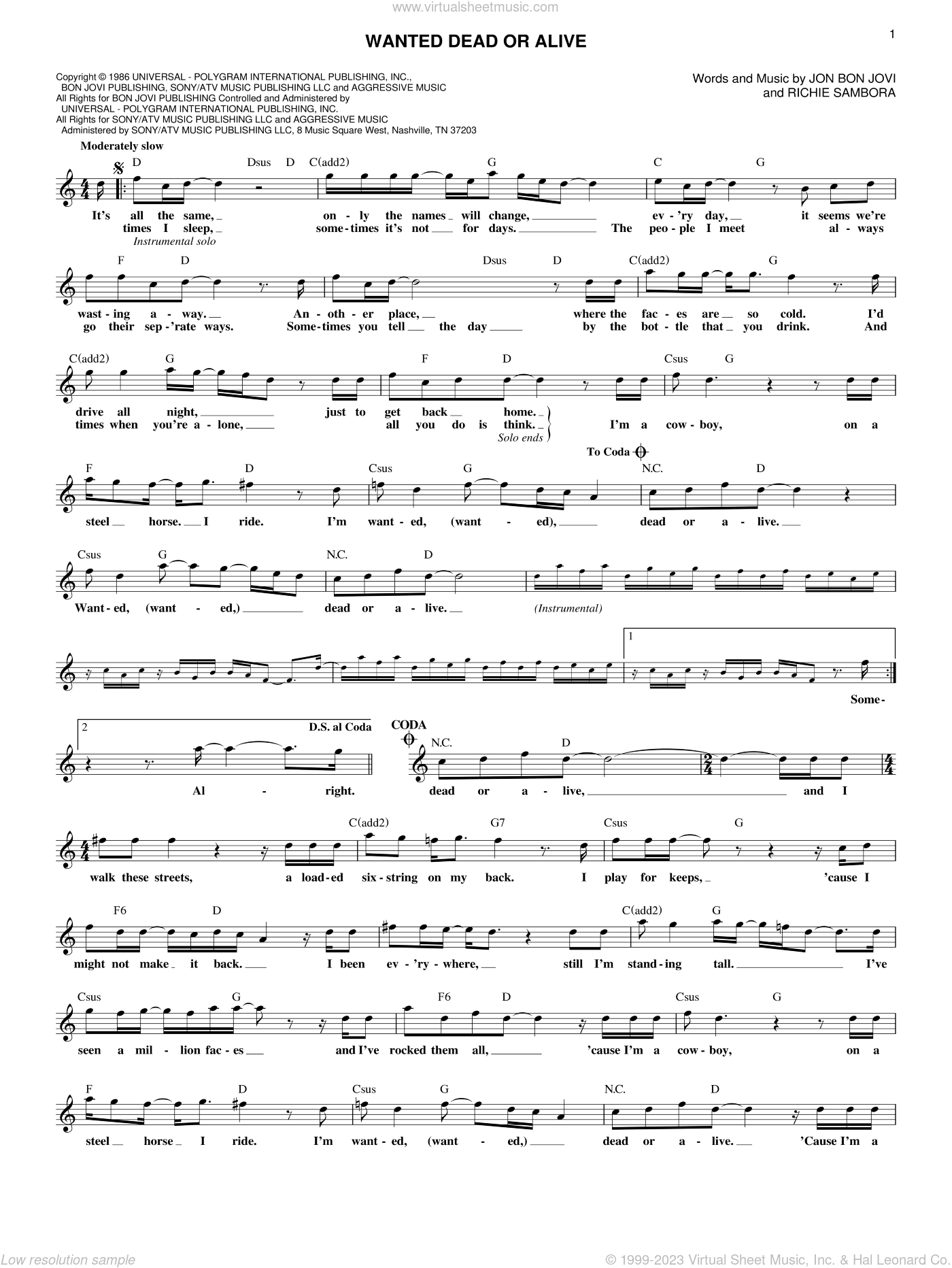 Wanted Dead Or Alive Sheet Music (fake Book) (pdf-interactive)