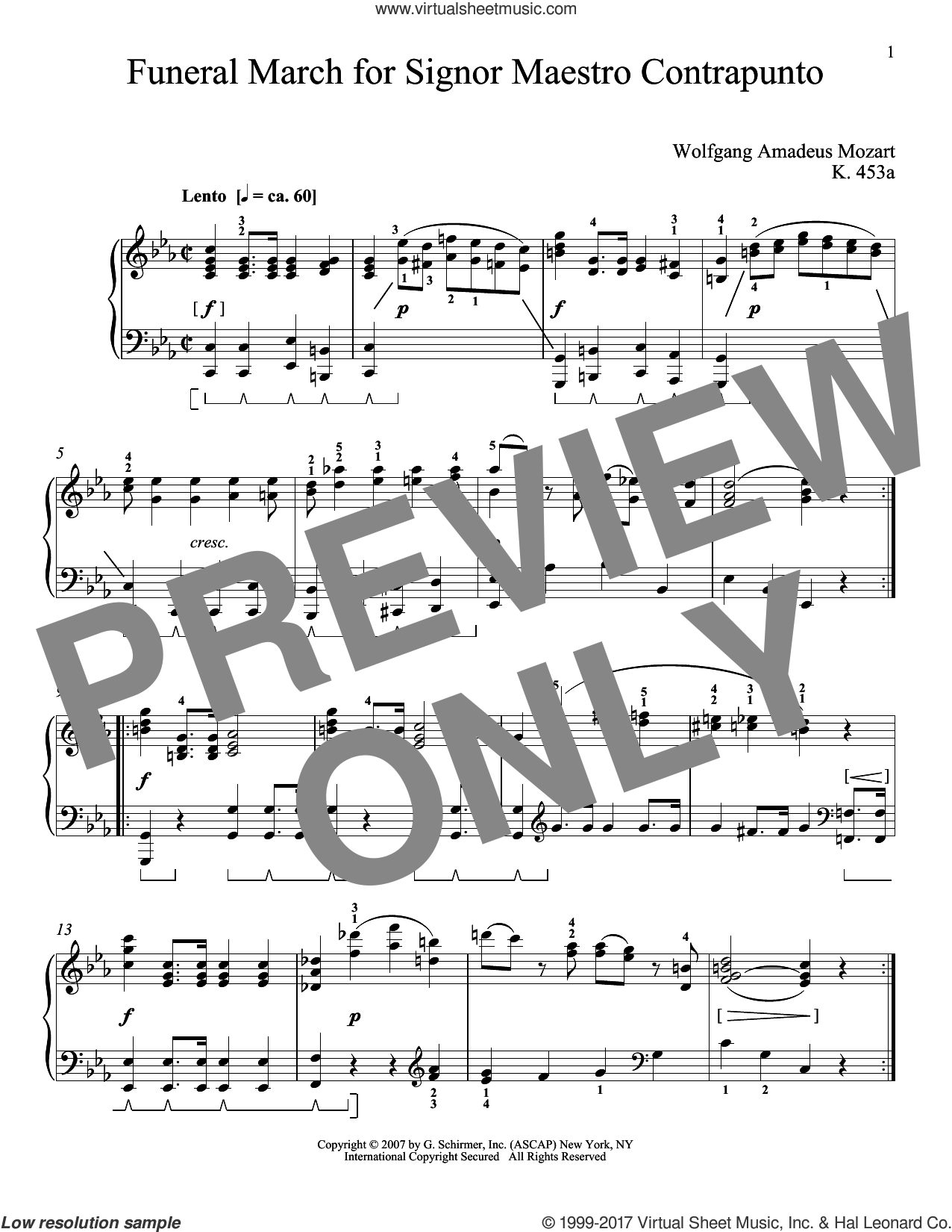 Funeral March For Maestro Counterpoint, K. 453a sheet music for piano solo
