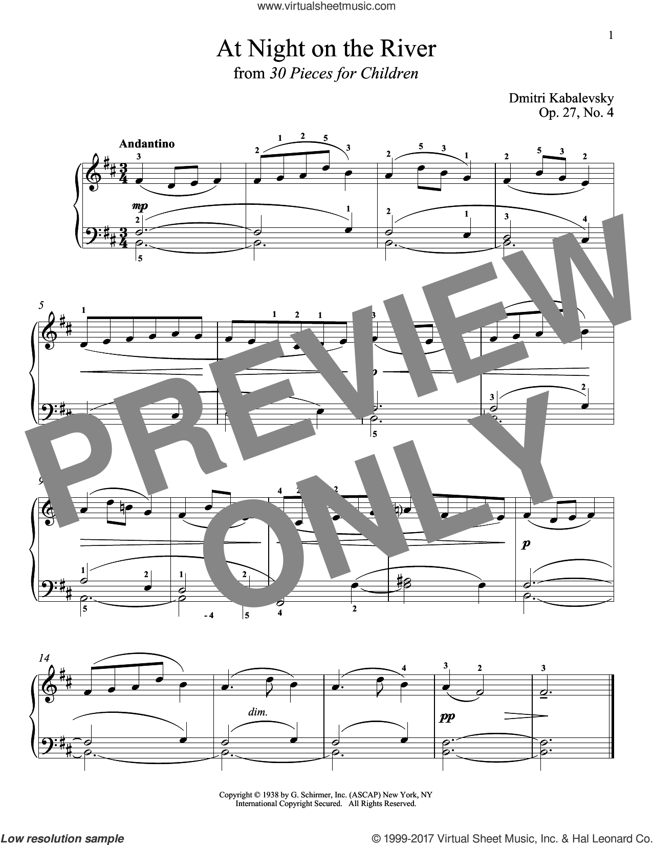 At Night On The River Sheet Music For Piano Solo (pdf)