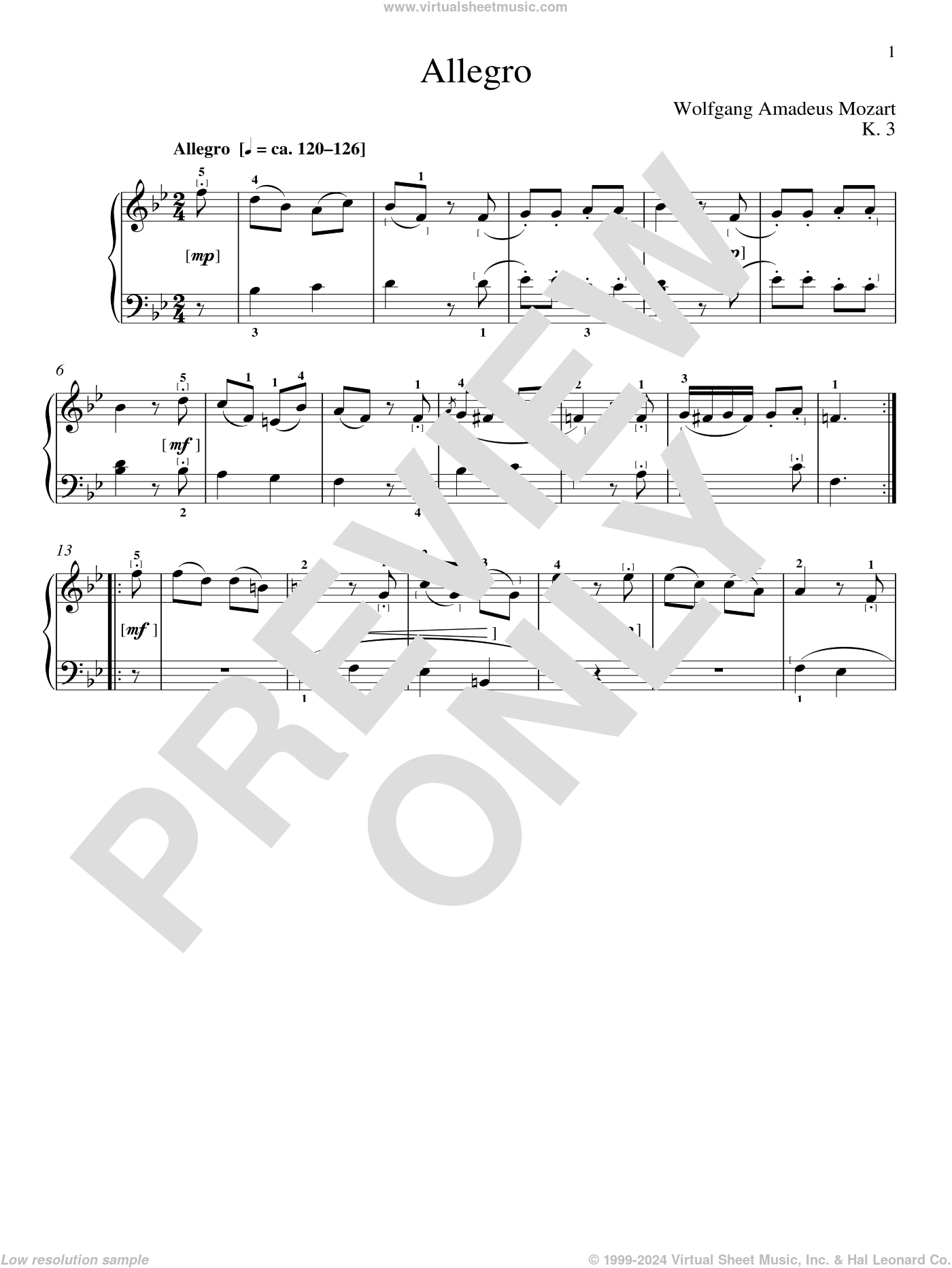 Allegro In B Flat Major, K. 3 sheet music for piano solo (PDF)