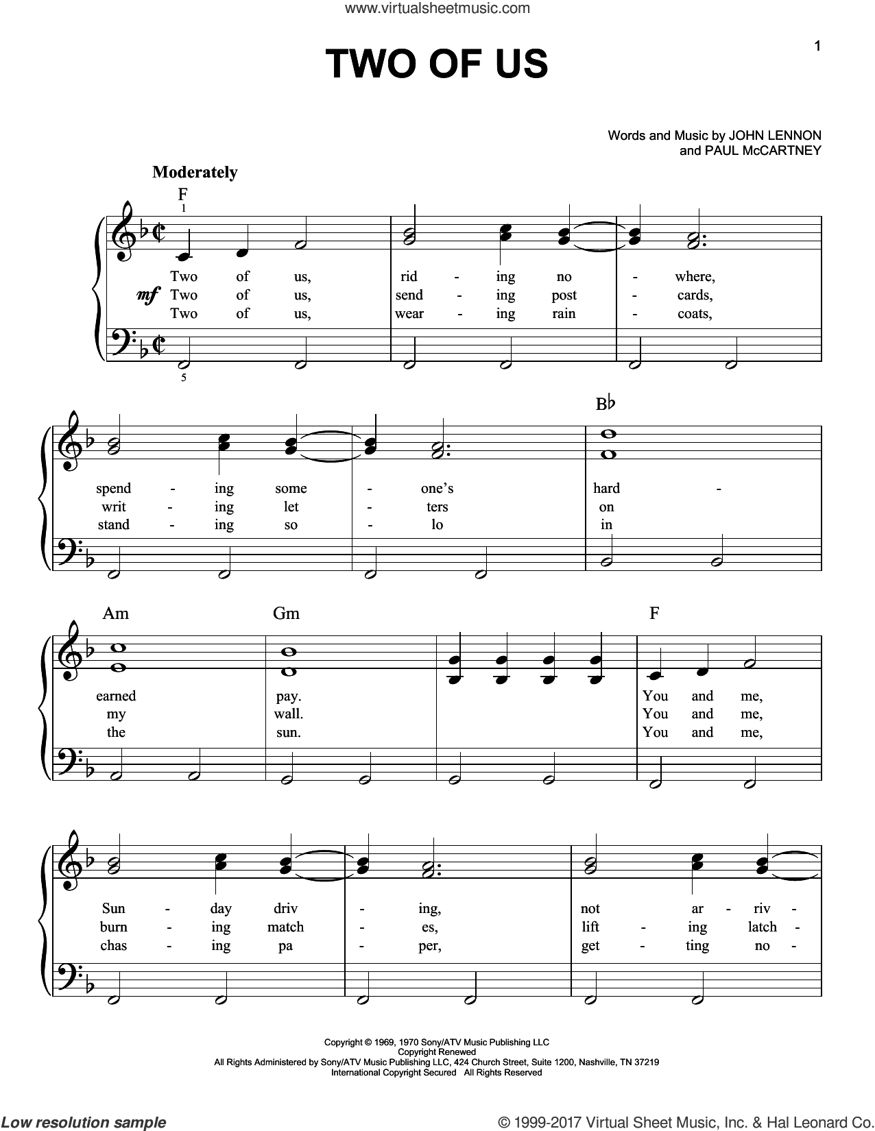 Two Of Us sheet music for piano solo (PDF-interactive)