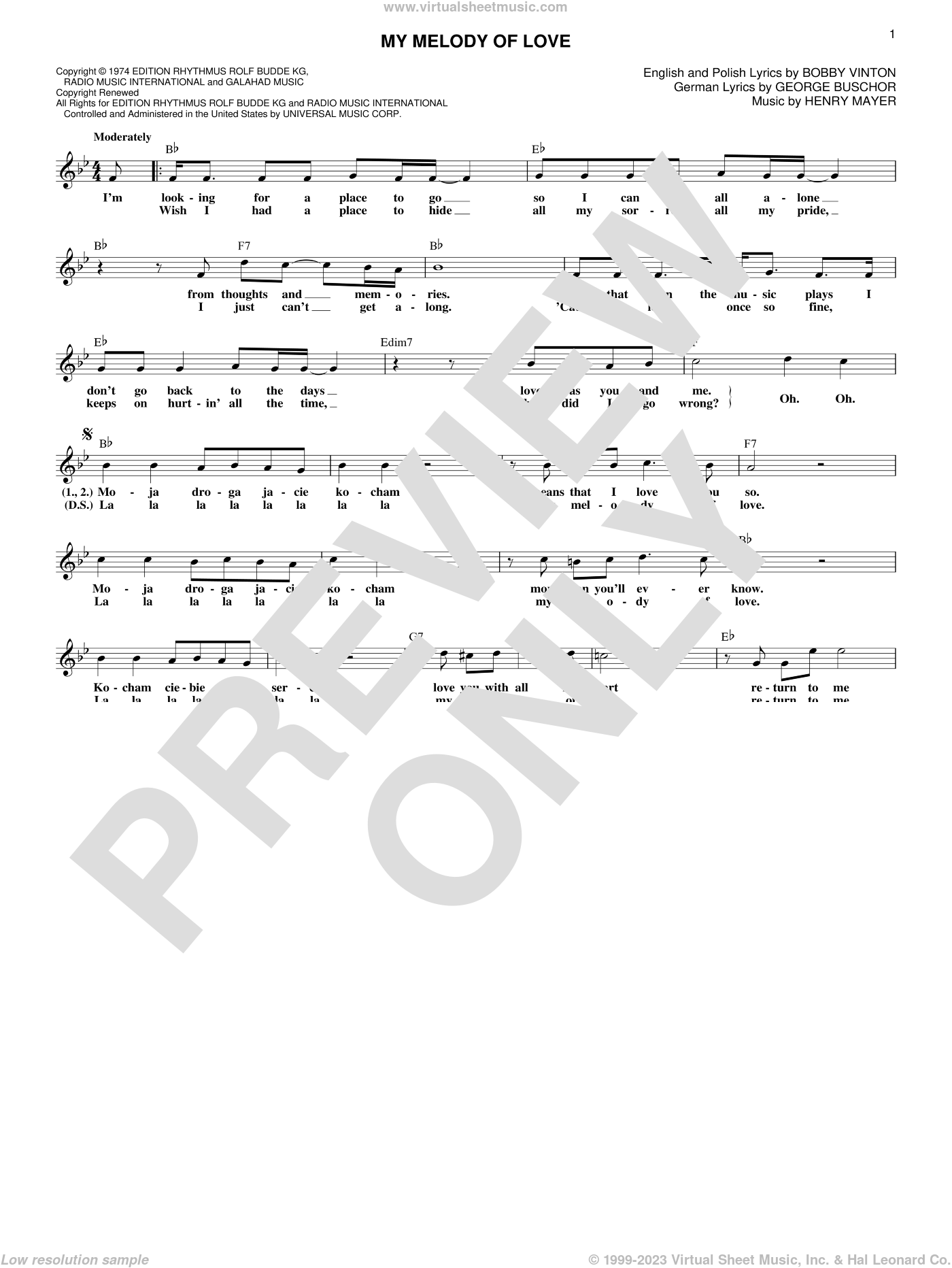 Vinton My  Melody  Of Love sheet music  fake book PDF 