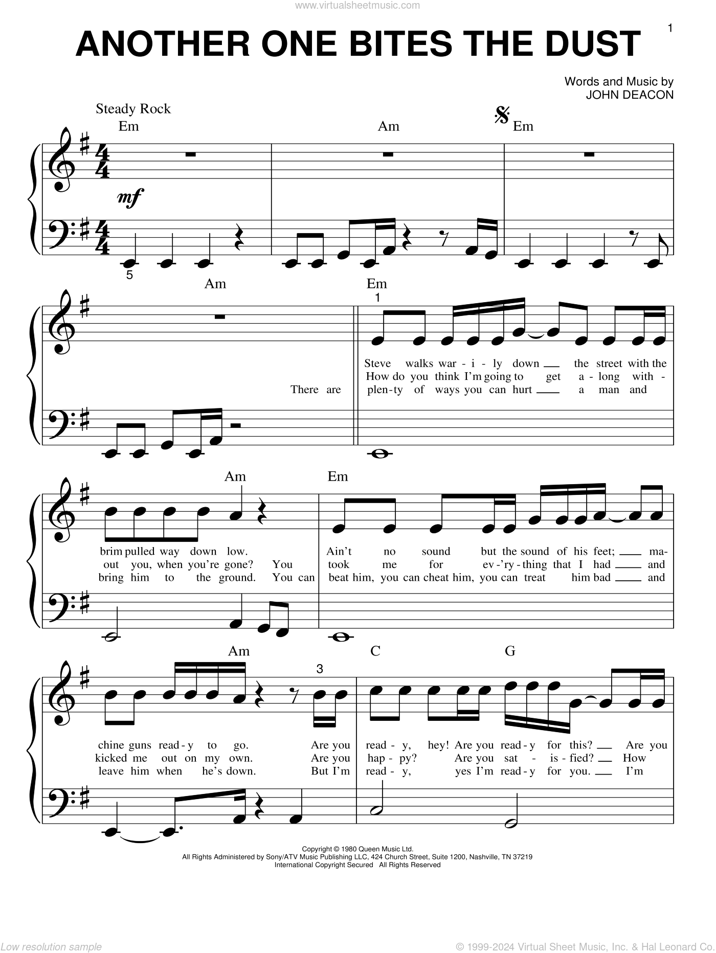 Another One Bites The Dust, (intermediate) sheet music for piano solo