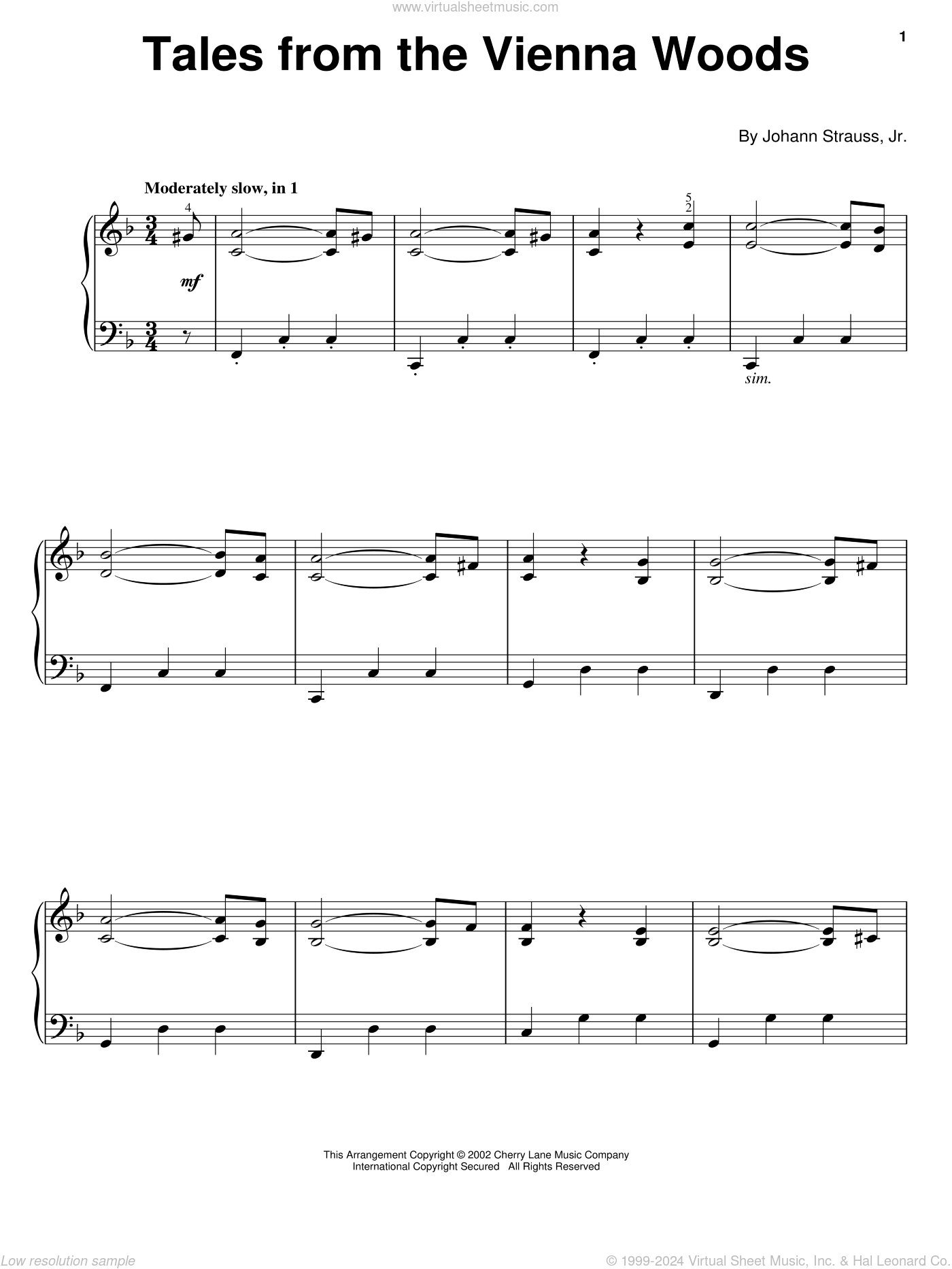 Tales From The Vienna Woods sheet music (easy) for piano solo