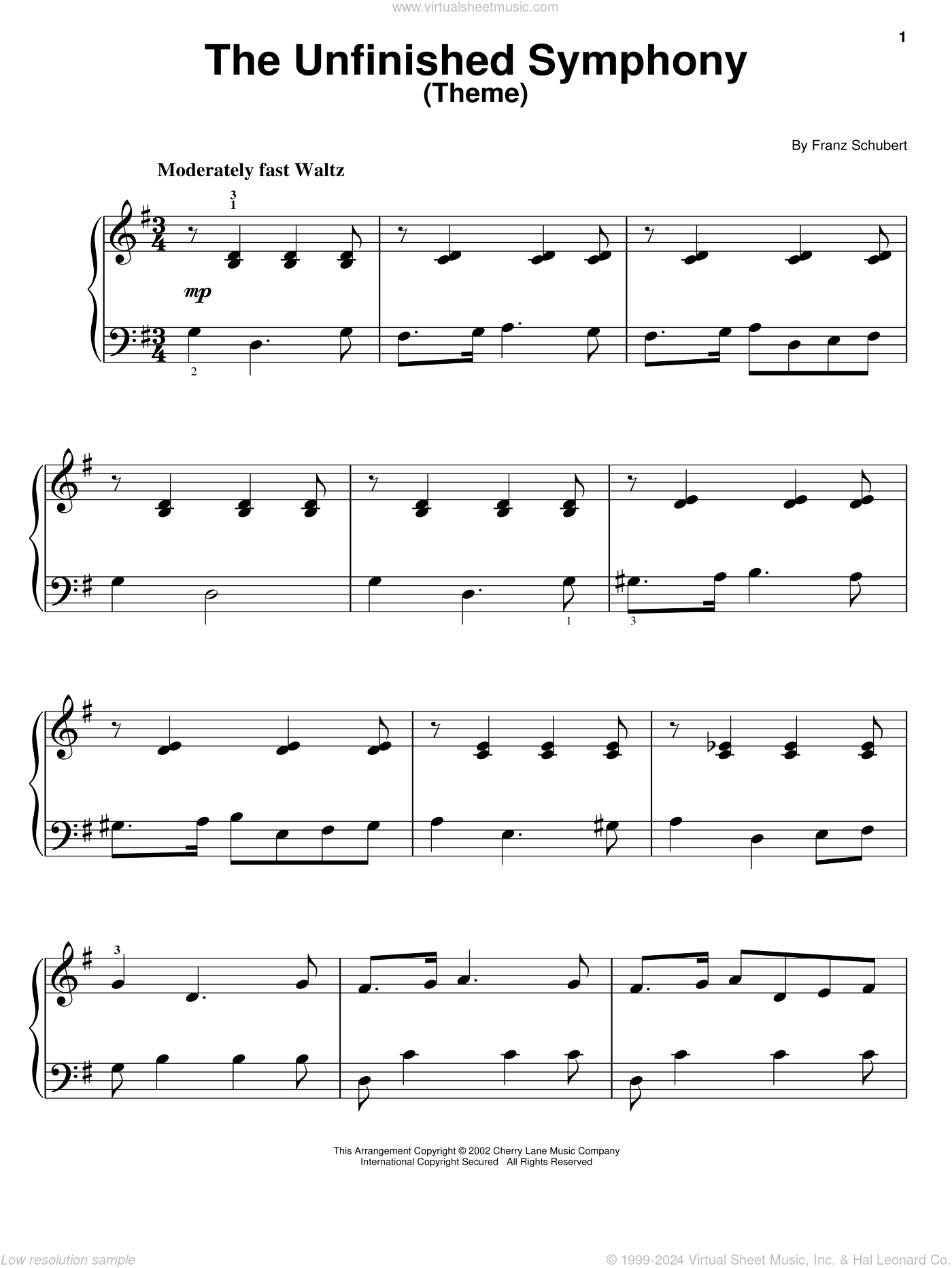 Schubert - The Unfinished Symphony (Theme) sheet music for piano solo