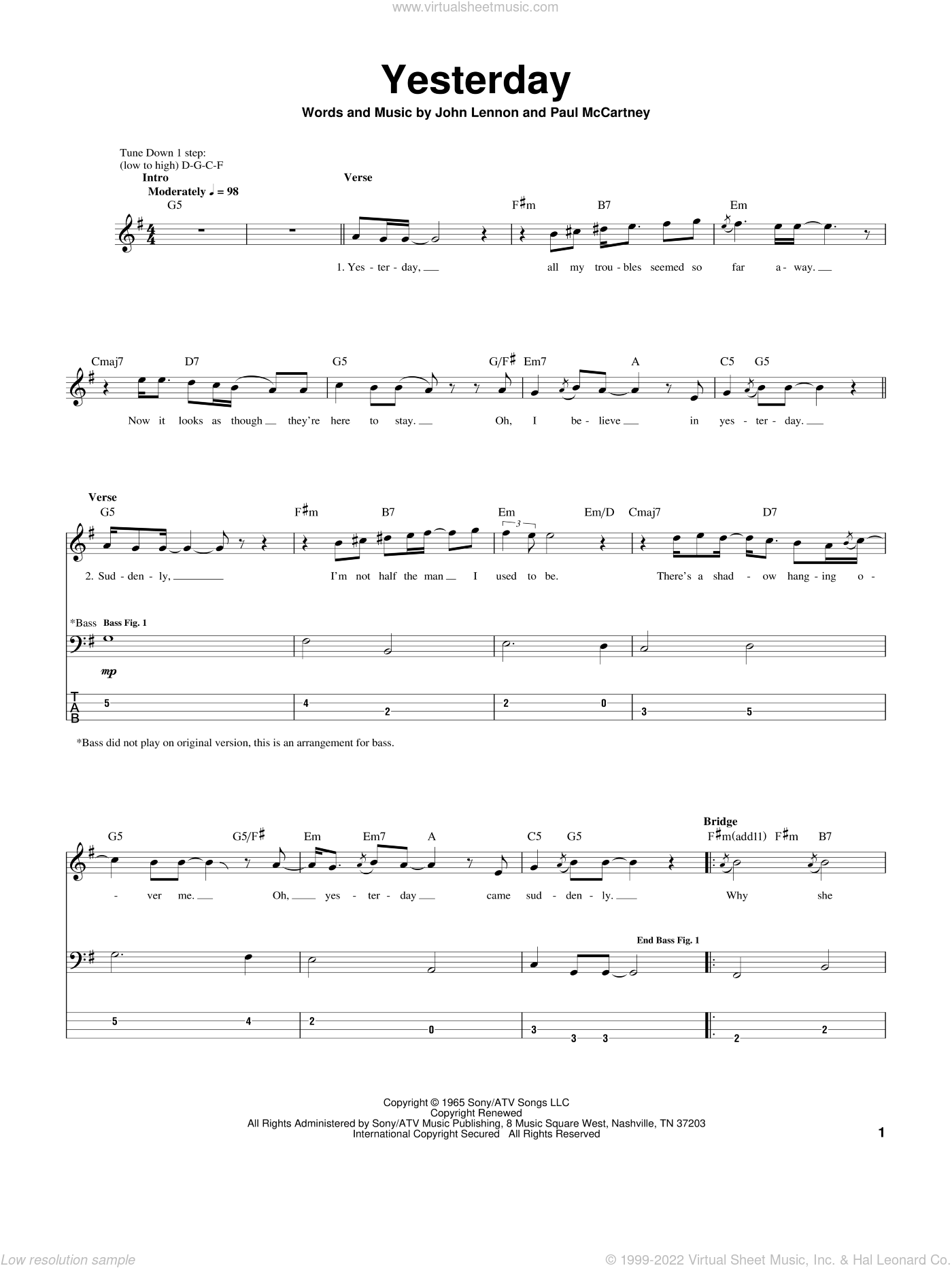 Beatles - Yesterday sheet music for bass (tablature) (bass guitar)