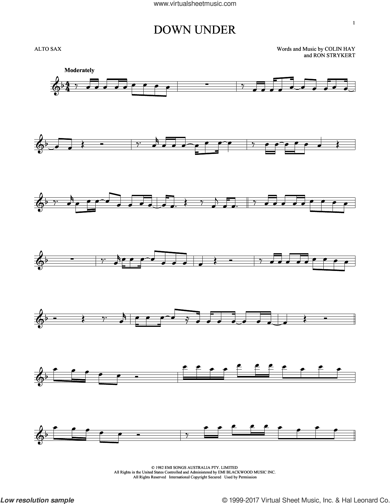 Wat mensen betreft Renovatie lippen Down Under sheet music for alto saxophone solo (PDF-interactive)