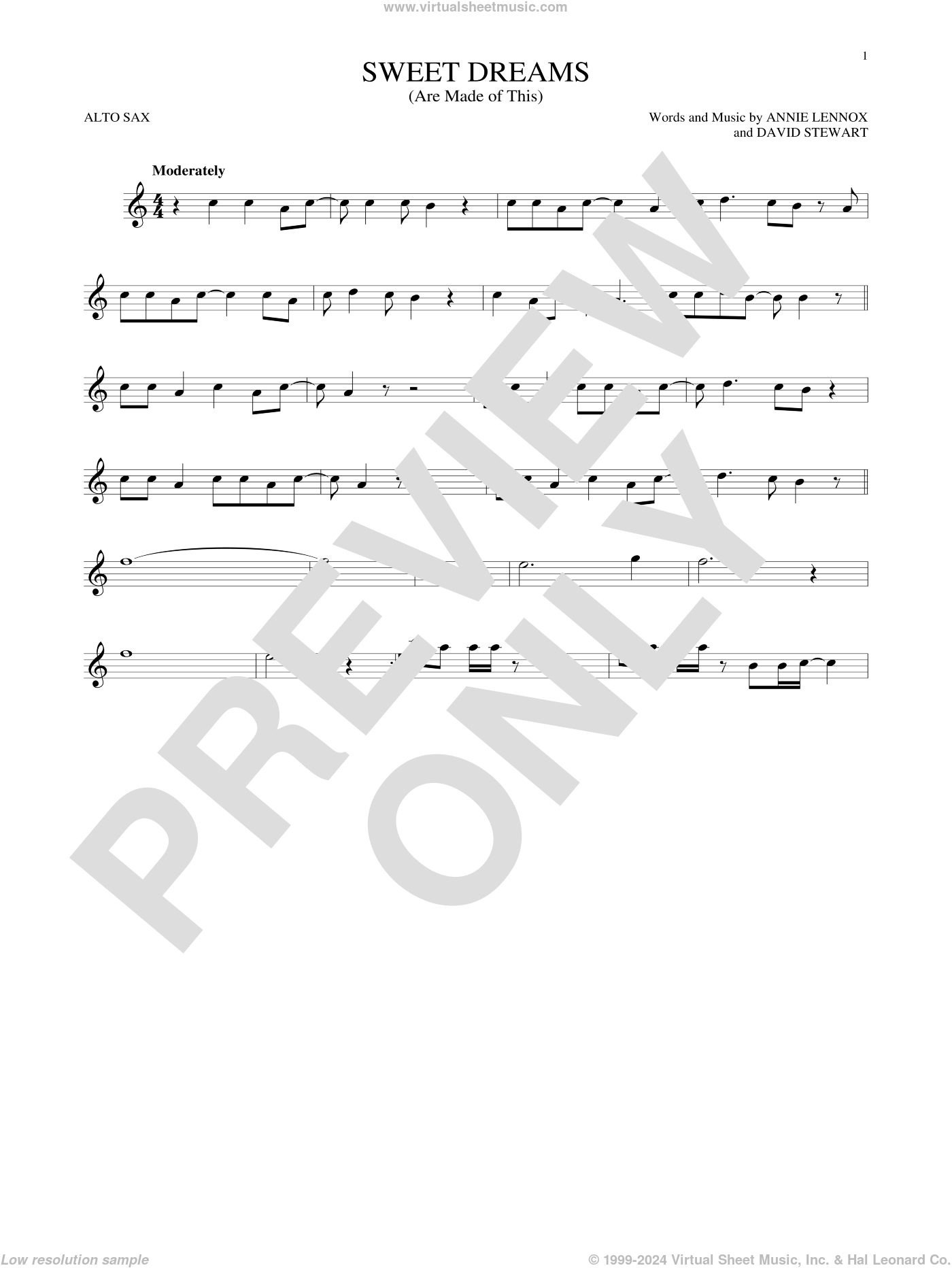 Eurythmics Sweet Dreams (Are Made Of This) sheet music for alto saxophone solo