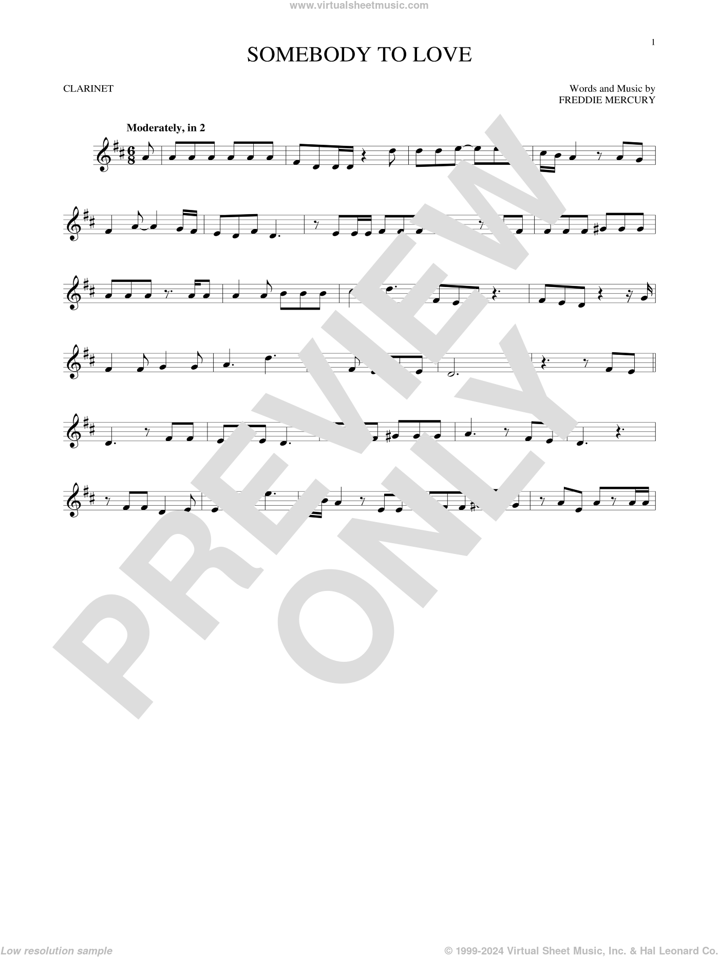 Queen Somebody To Love sheet music for solo (PDF)