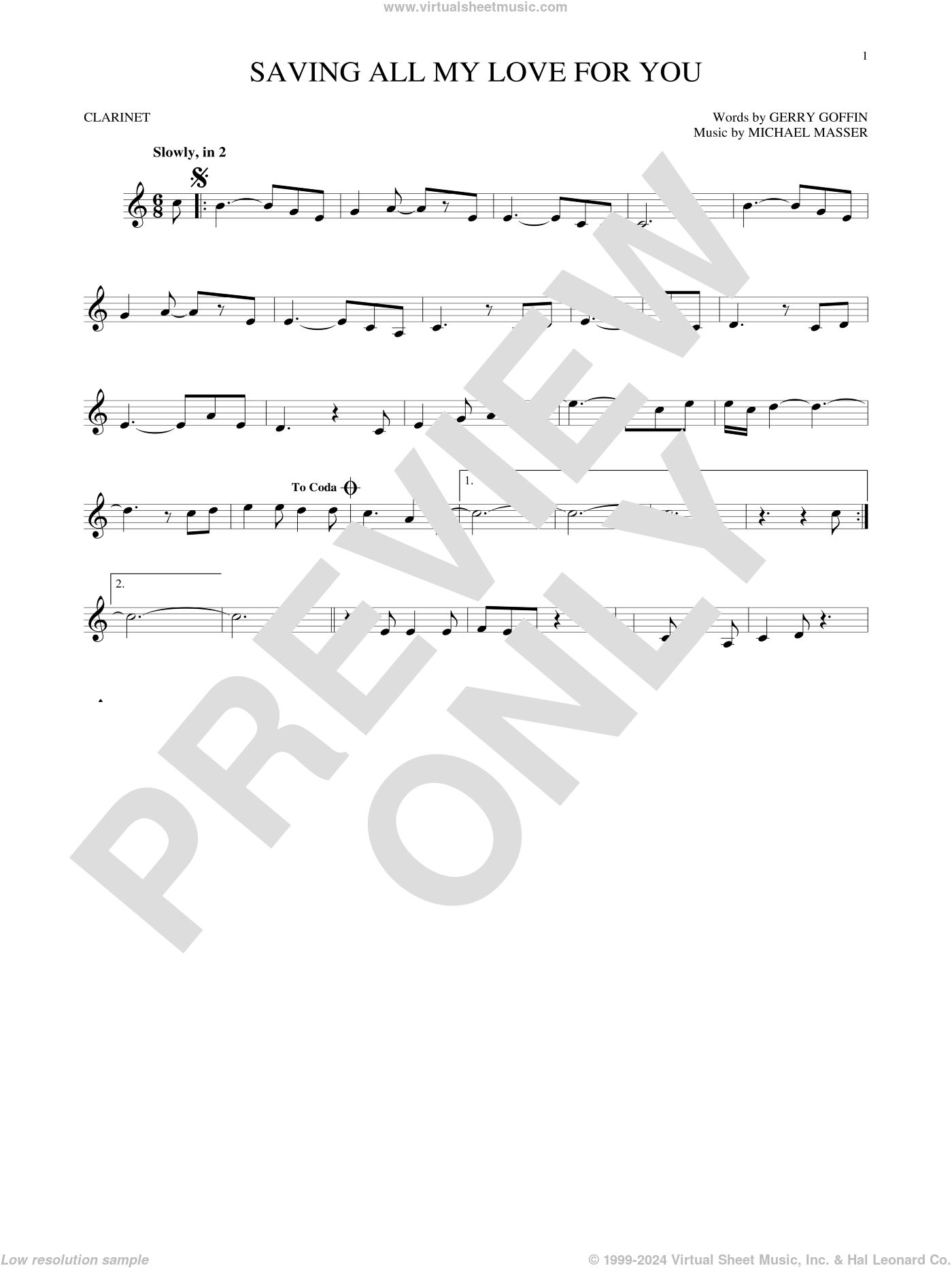 Saving All My Love For You sheet music for clarinet solo (PDF)