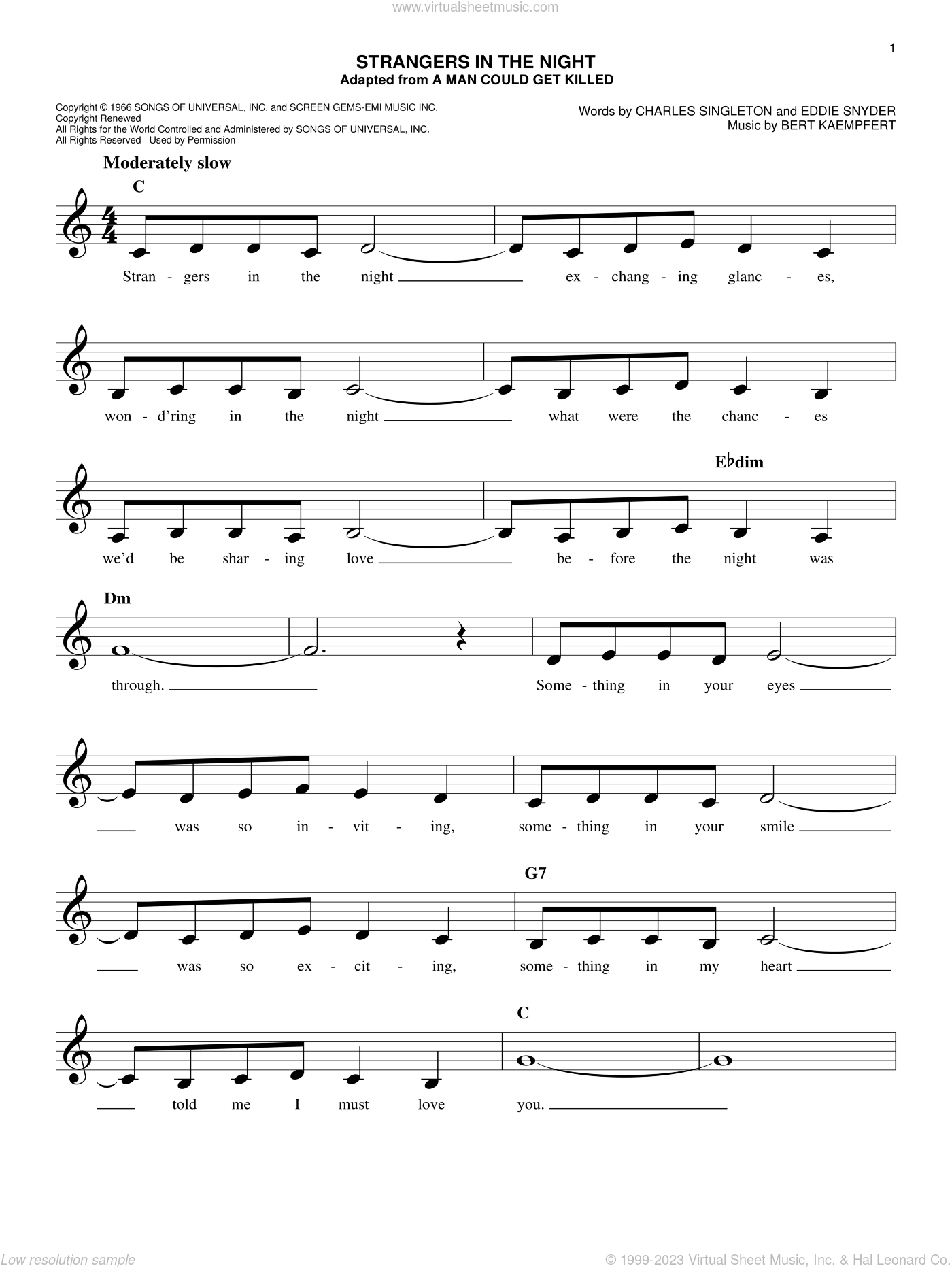 STRANGERS IN THE NIGHT Easy Piano Sheet music