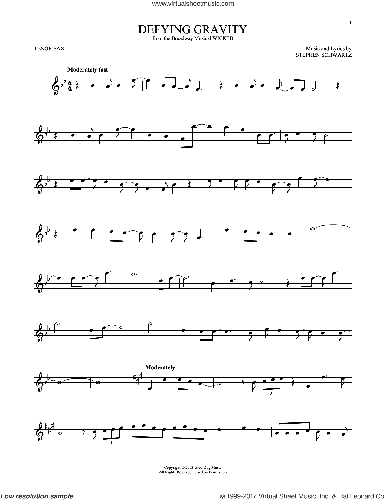 Defying Gravity (from Wicked) sheet music for tenor saxophone solo