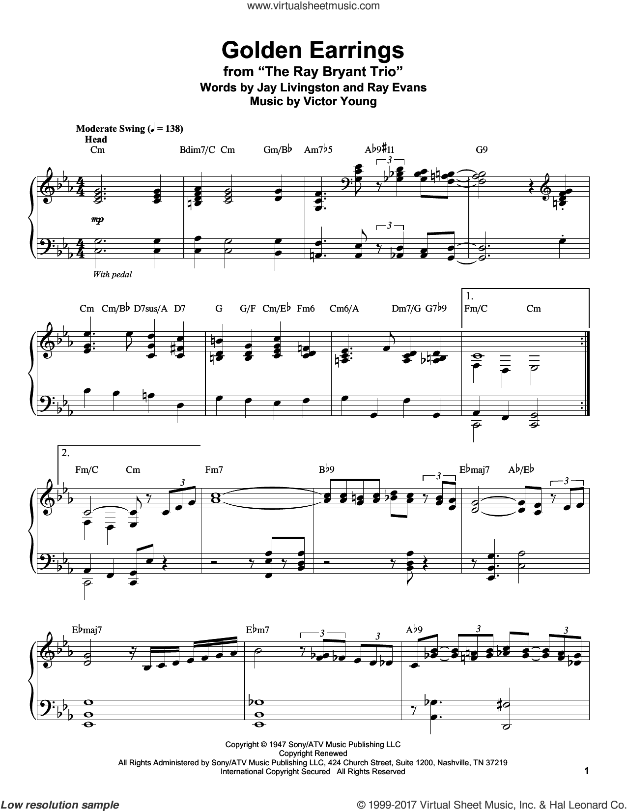 Golden Earrings sheet music for piano solo (transcription) (PDF)