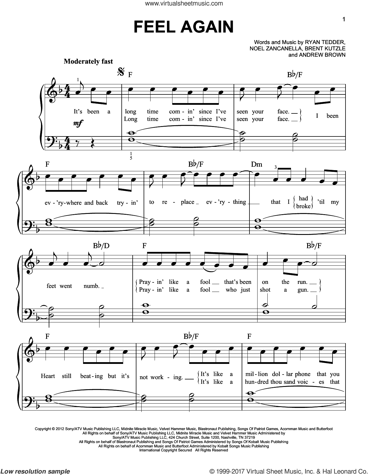 Feel Again sheet music for piano solo (PDF-interactive)