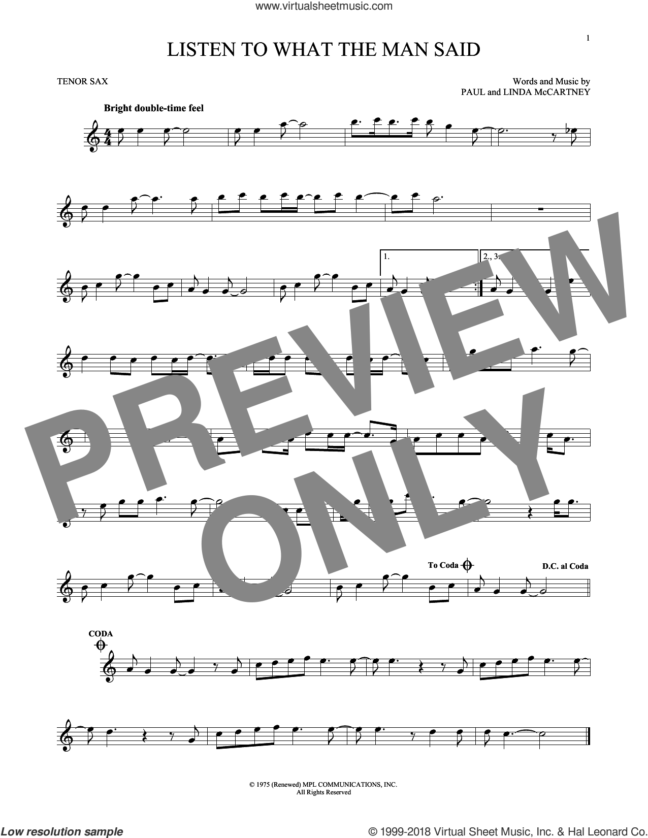 Listen To What The Man Said sheet music for tenor saxophone solo
