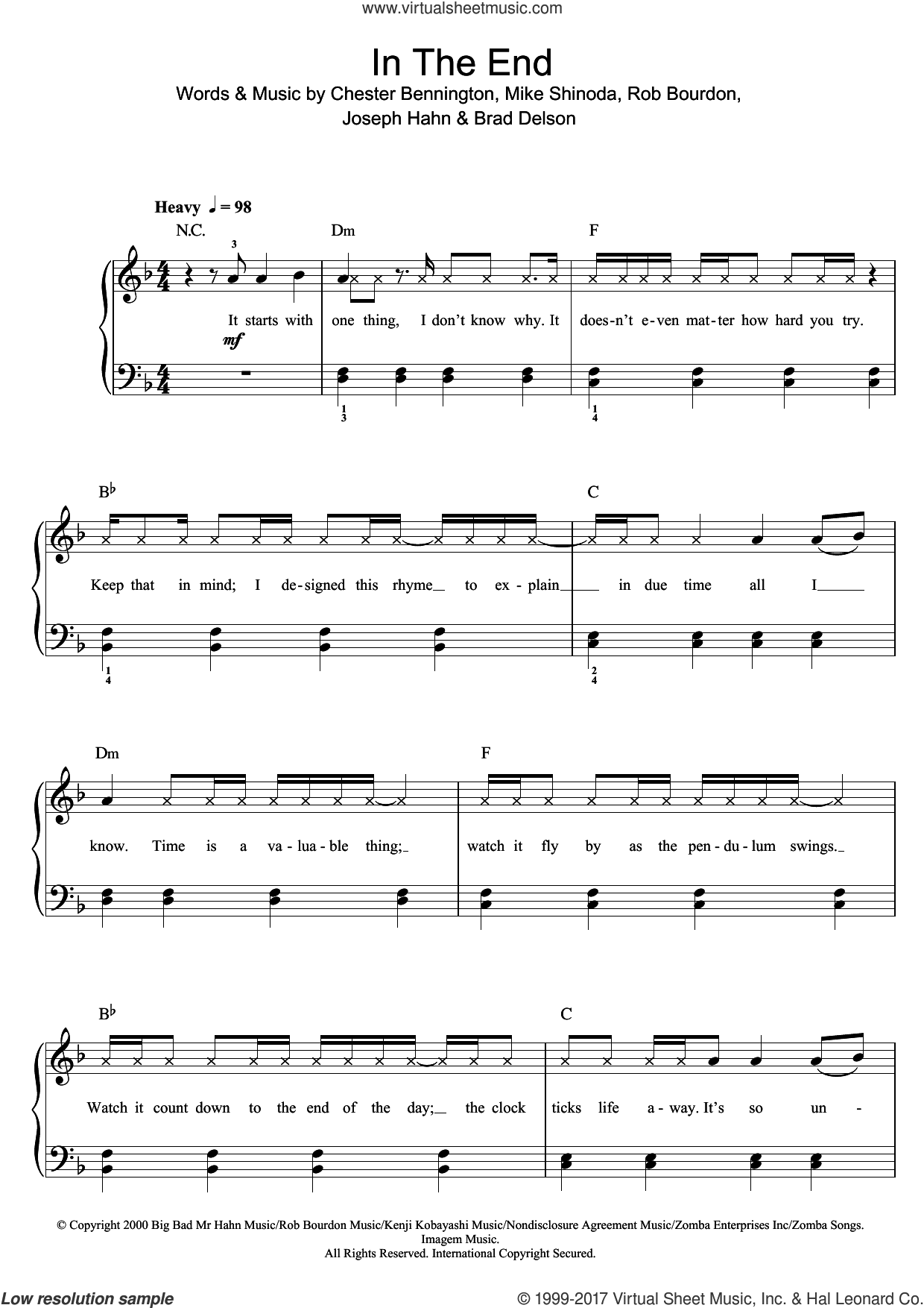 Bennington - In The End sheet music for piano solo (beginners)