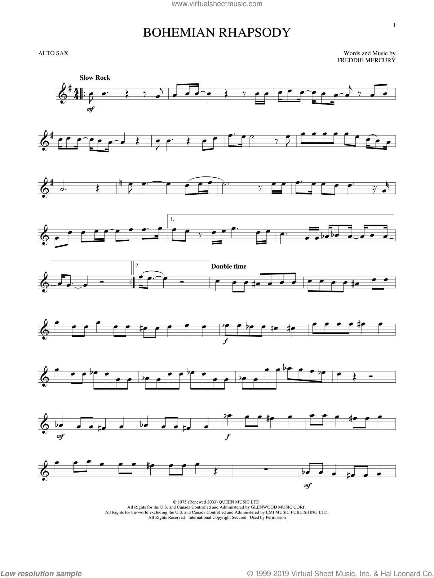 Queen Bohemian Rhapsody Sheet Music For Alto Saxophone Solo