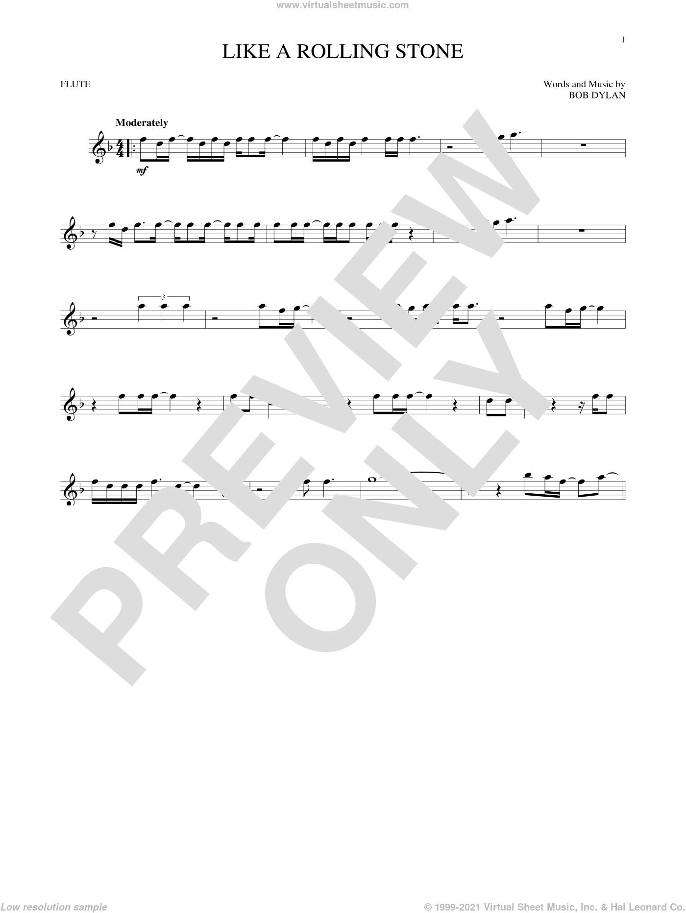 Dylan Like A Rolling Stone Sheet Music For Flute Solo Pdf