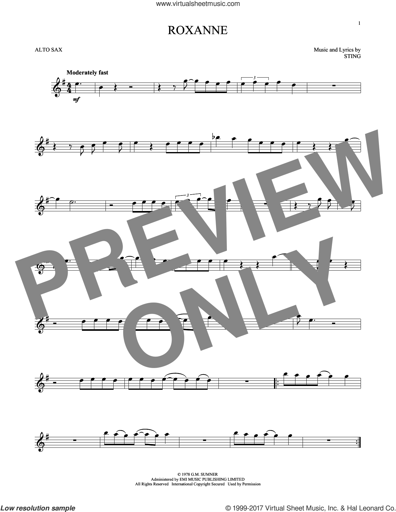 Police Roxanne Sheet Music For Alto Saxophone Solo Pdf