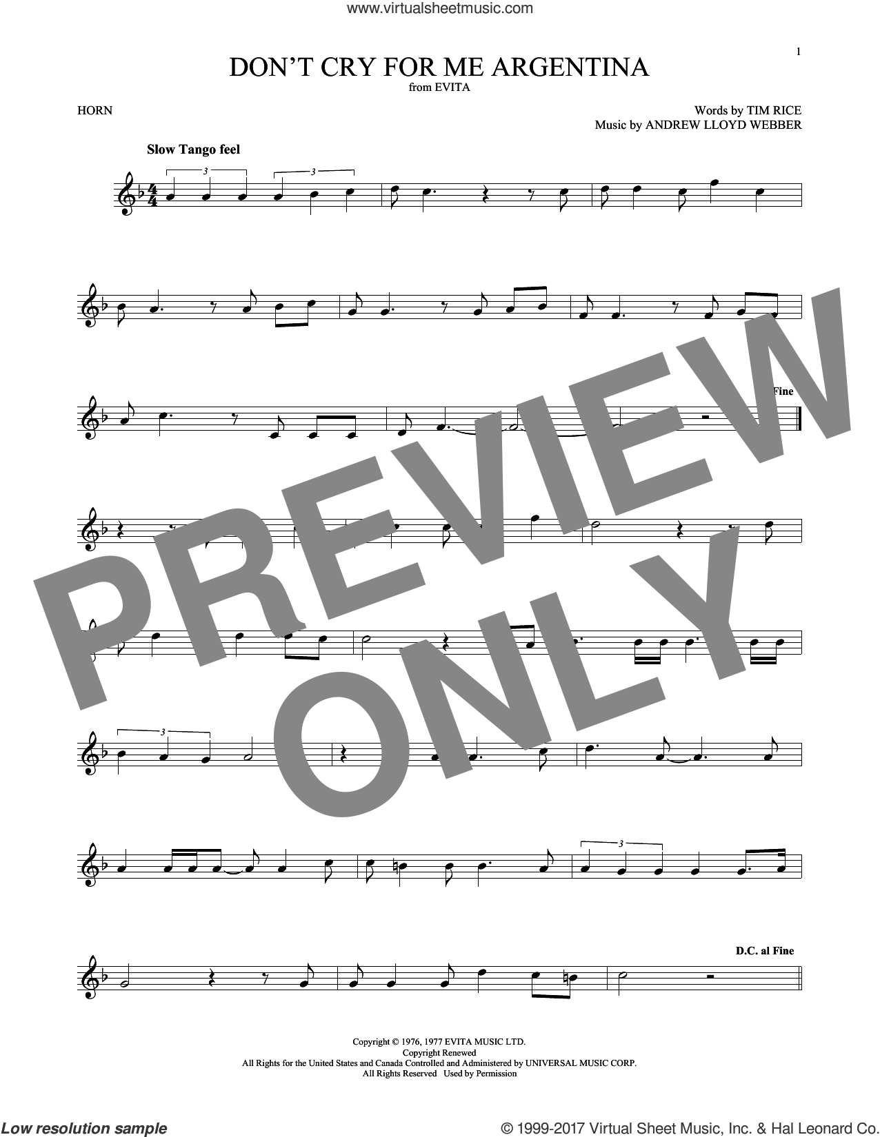 Don't Cry For Me Argentina sheet music for horn solo (PDF)