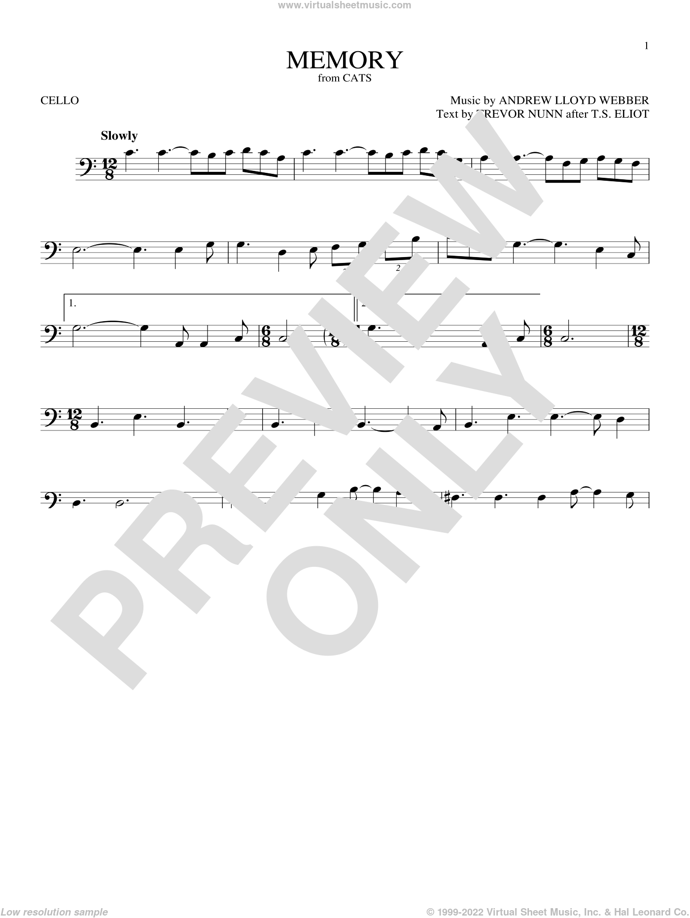 Webber - Memory (from Cats) sheet music for cello solo [PDF]