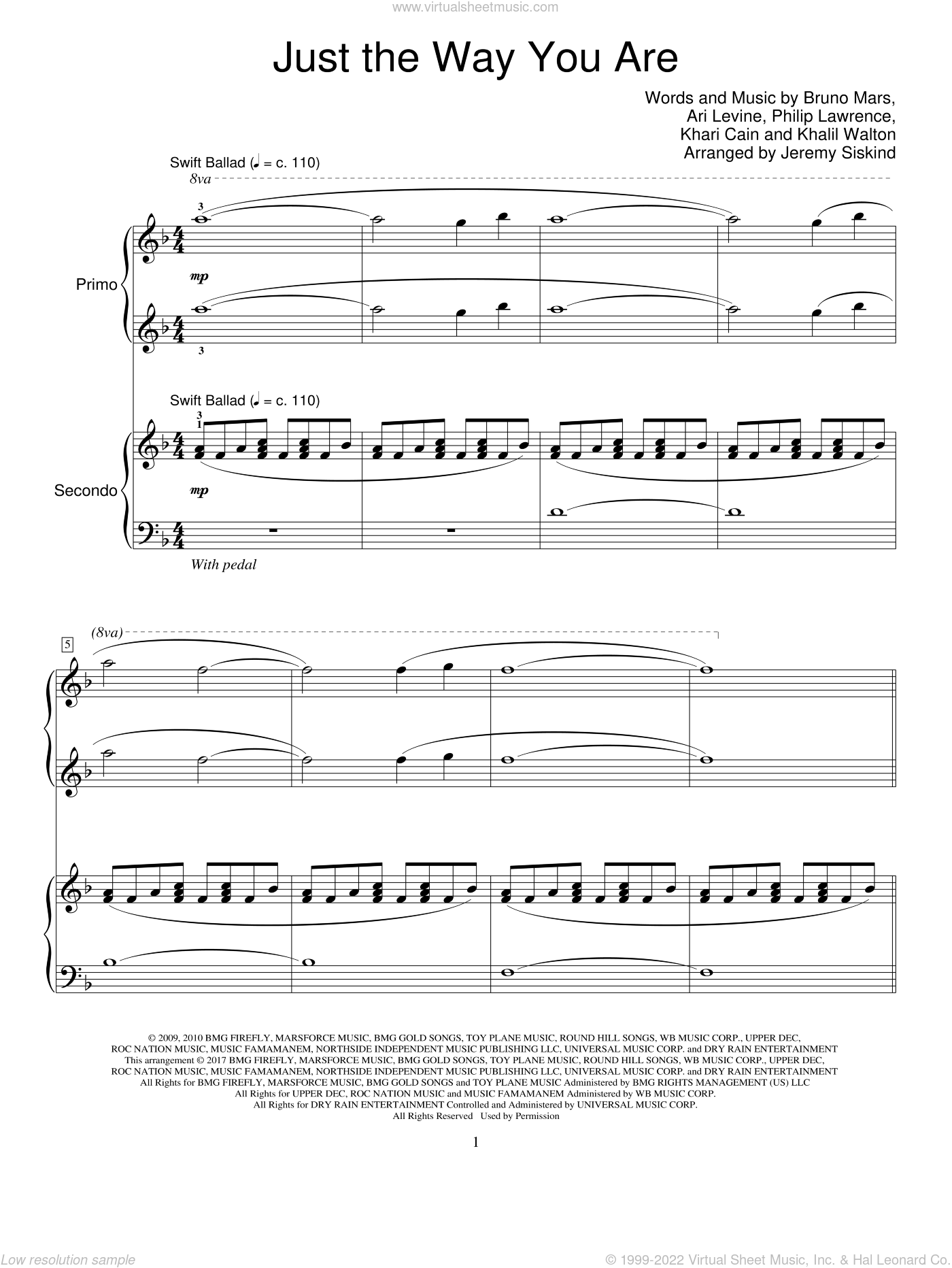 Bruno Mars: Just The Way You Are sheet music for piano four hands