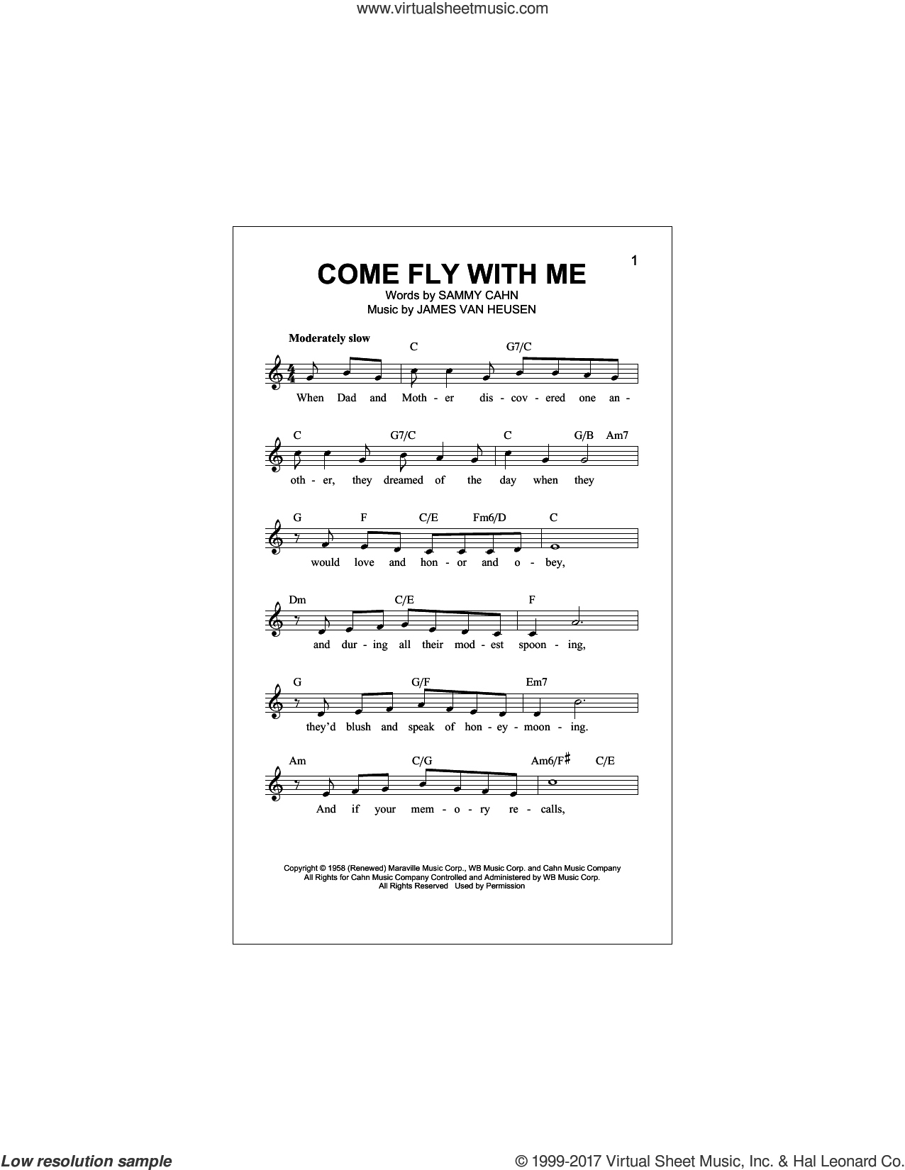 Cahn Come Fly With Me Sheet Music Fake Book Version 2 Fake