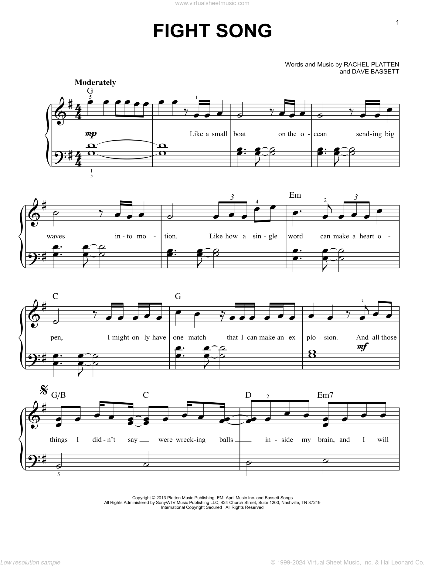 Platten - Fight Song, (easy) sheet music for piano solo (PDF)