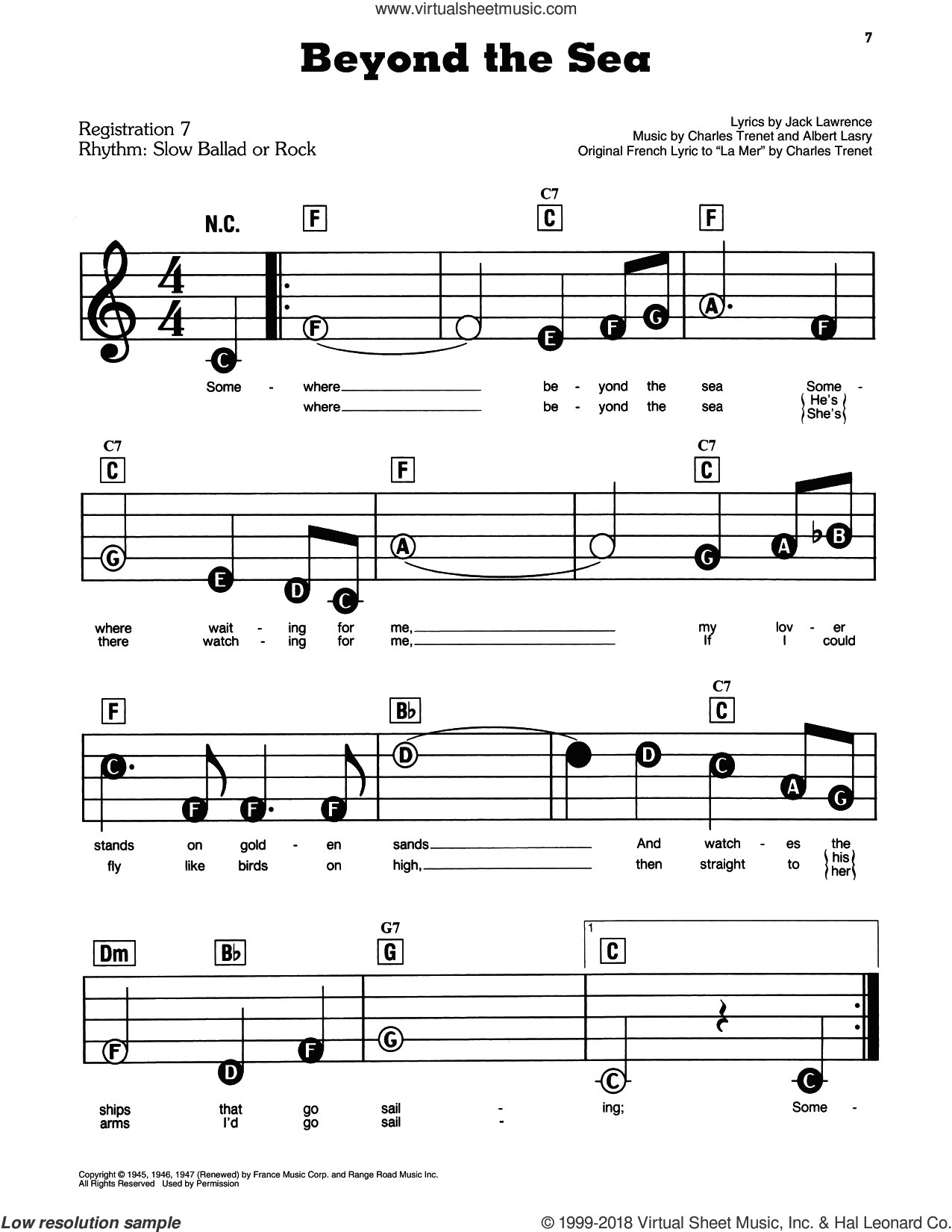 Beyond The Sea sheet music for piano or keyboard (E-Z Play) (PDF)