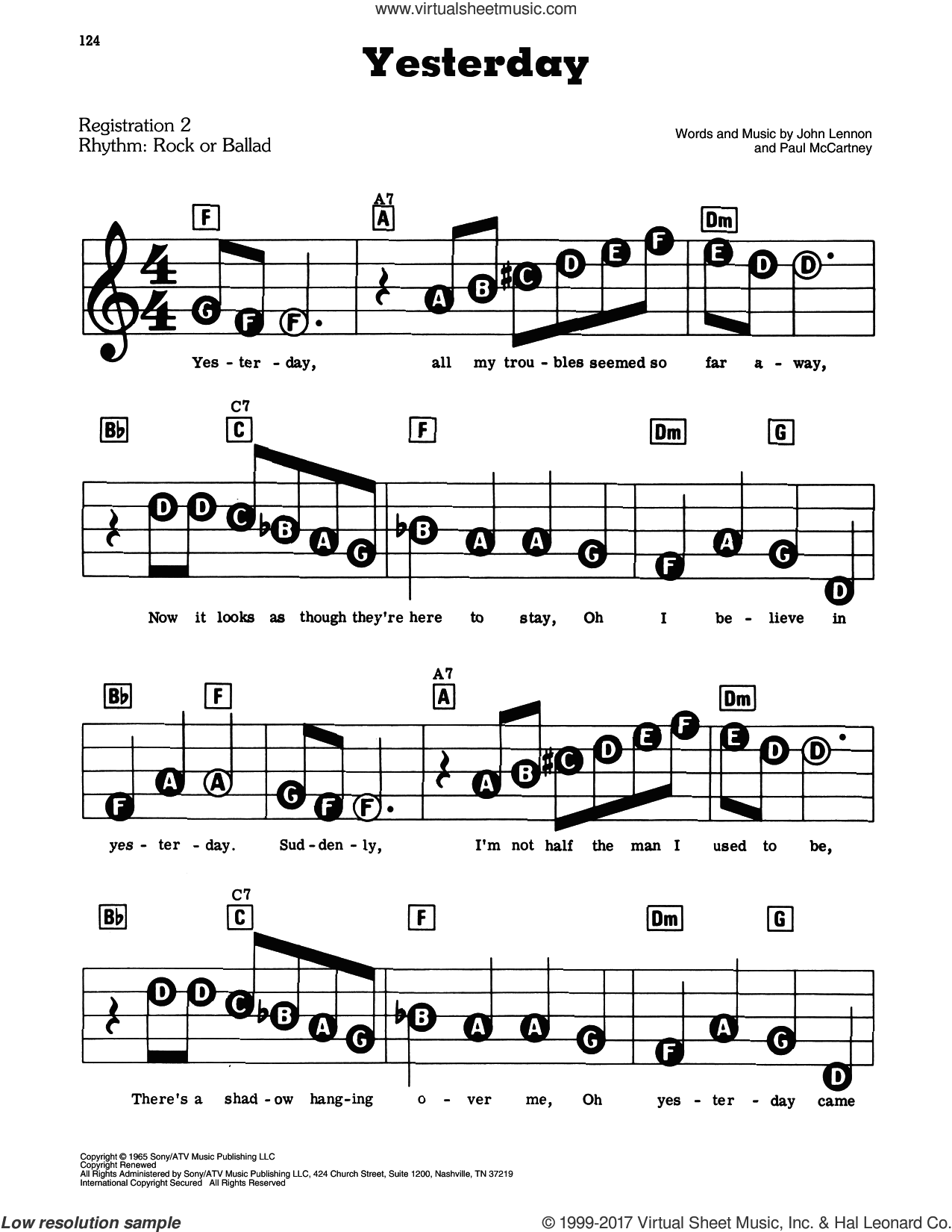 salchicha Tortuga Todos Beatles - Yesterday sheet music for piano or keyboard (E-Z Play)