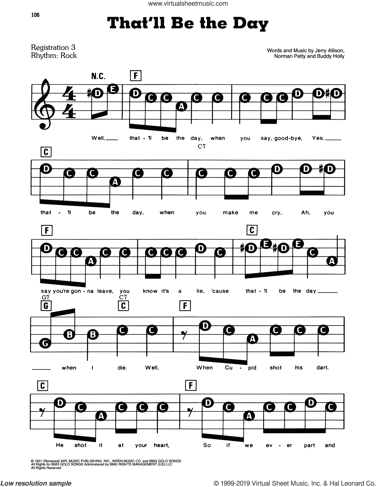 That'll Be The Day sheet music for piano or keyboard (E-Z Play)