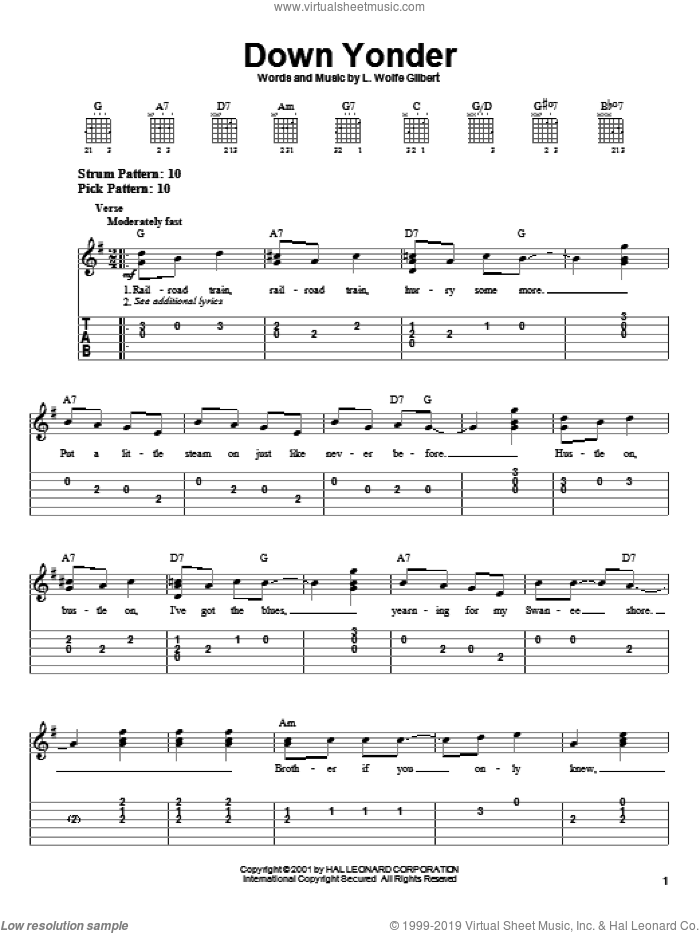 Down Yonder sheet music (easy) for guitar solo (chords) (PDF)