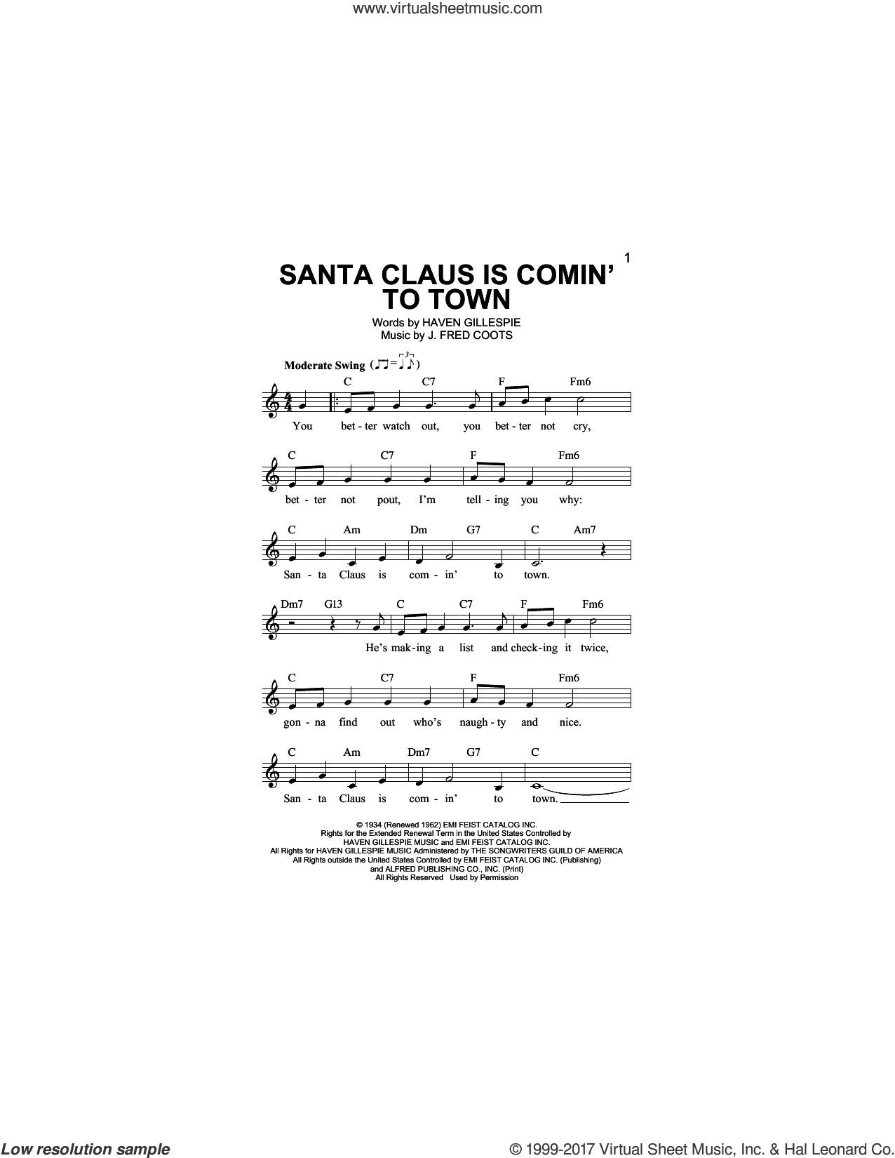 Coots Santa Claus Is Comin To Town Sheet Music Fake Book