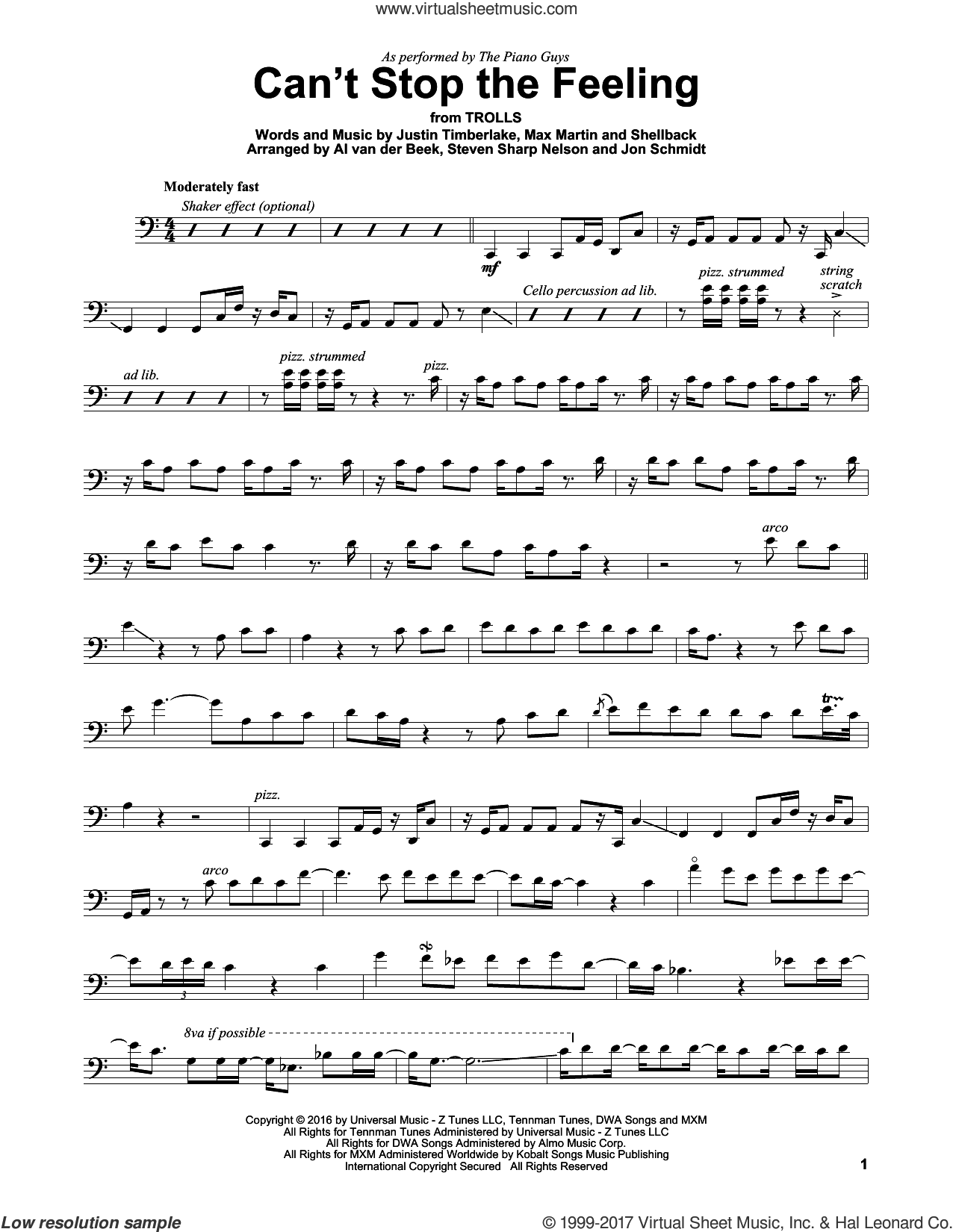 Can't Stop The Feeling sheet music for cello solo (PDF)