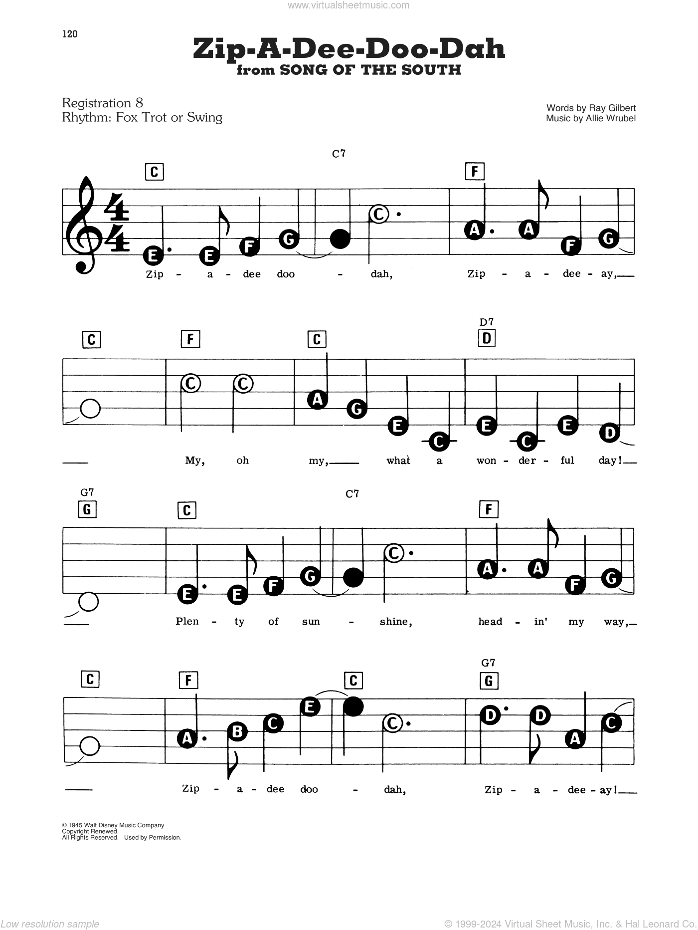 Zip-A-Dee-Doo-Dah (from Song Of The South) sheet music for piano or keyboard (E-Z Play)