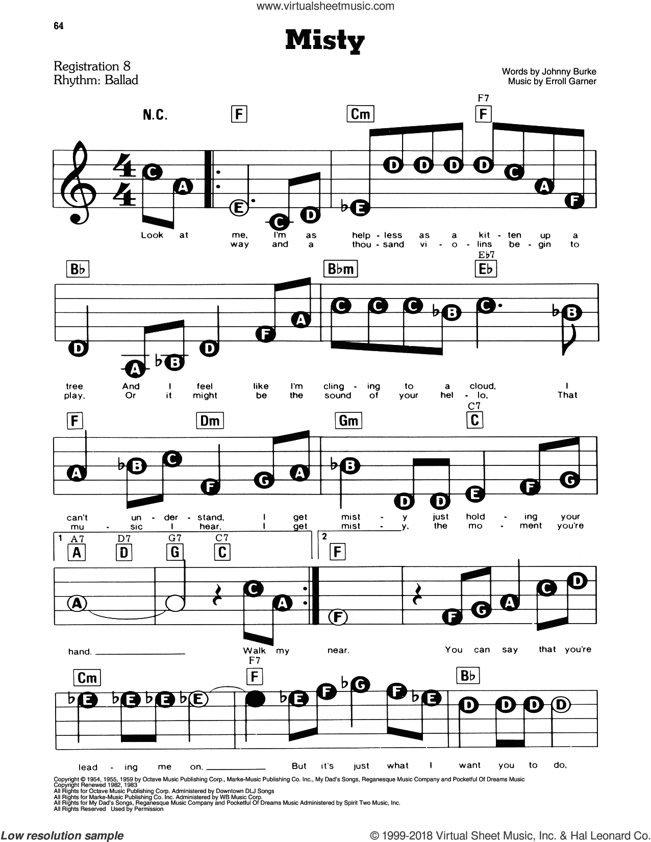 Misty sheet music for piano or keyboard (E-Z Play) (PDF)