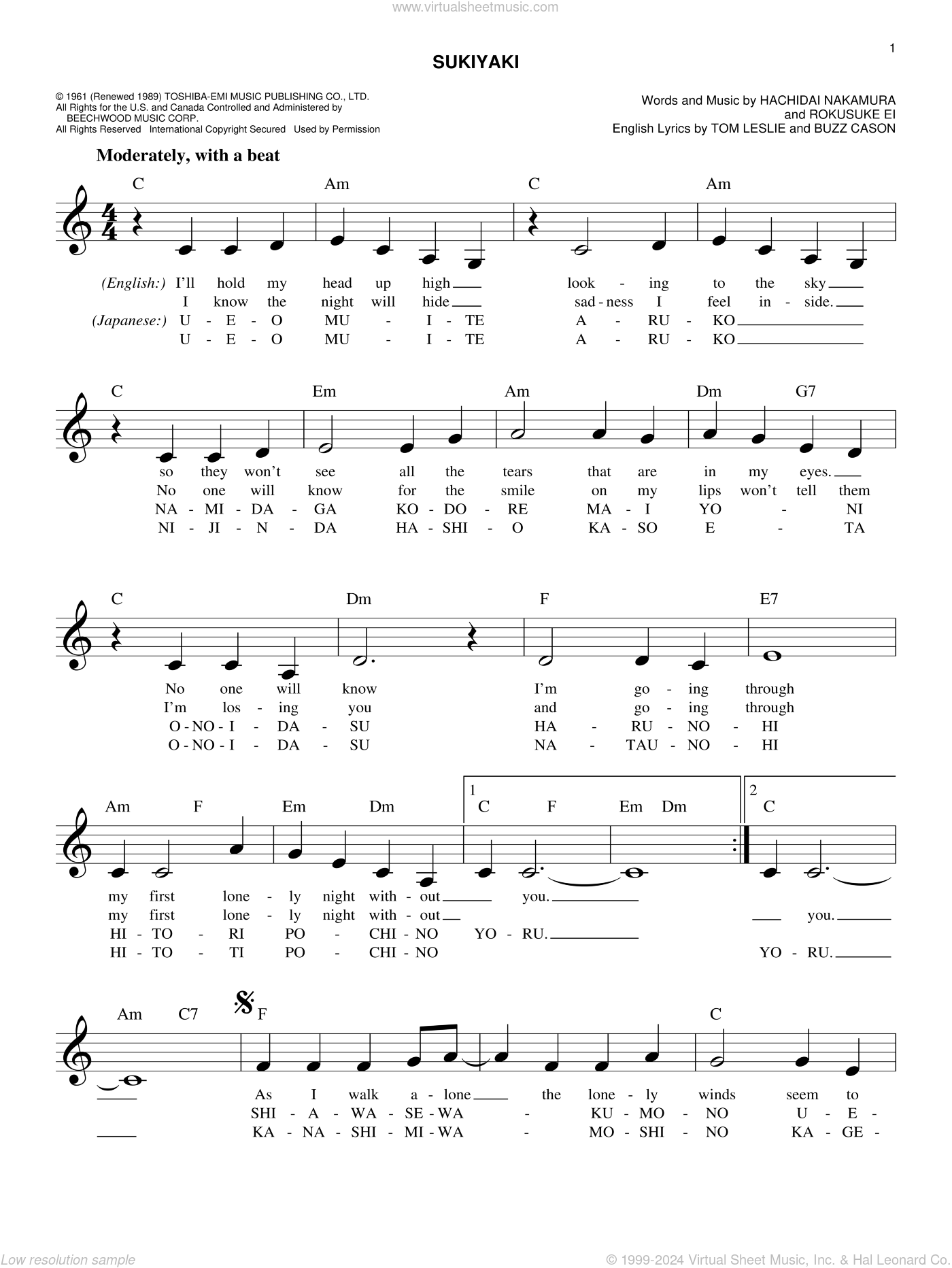 Sakamoto - Sukiyaki sheet music (fake book) (PDF)