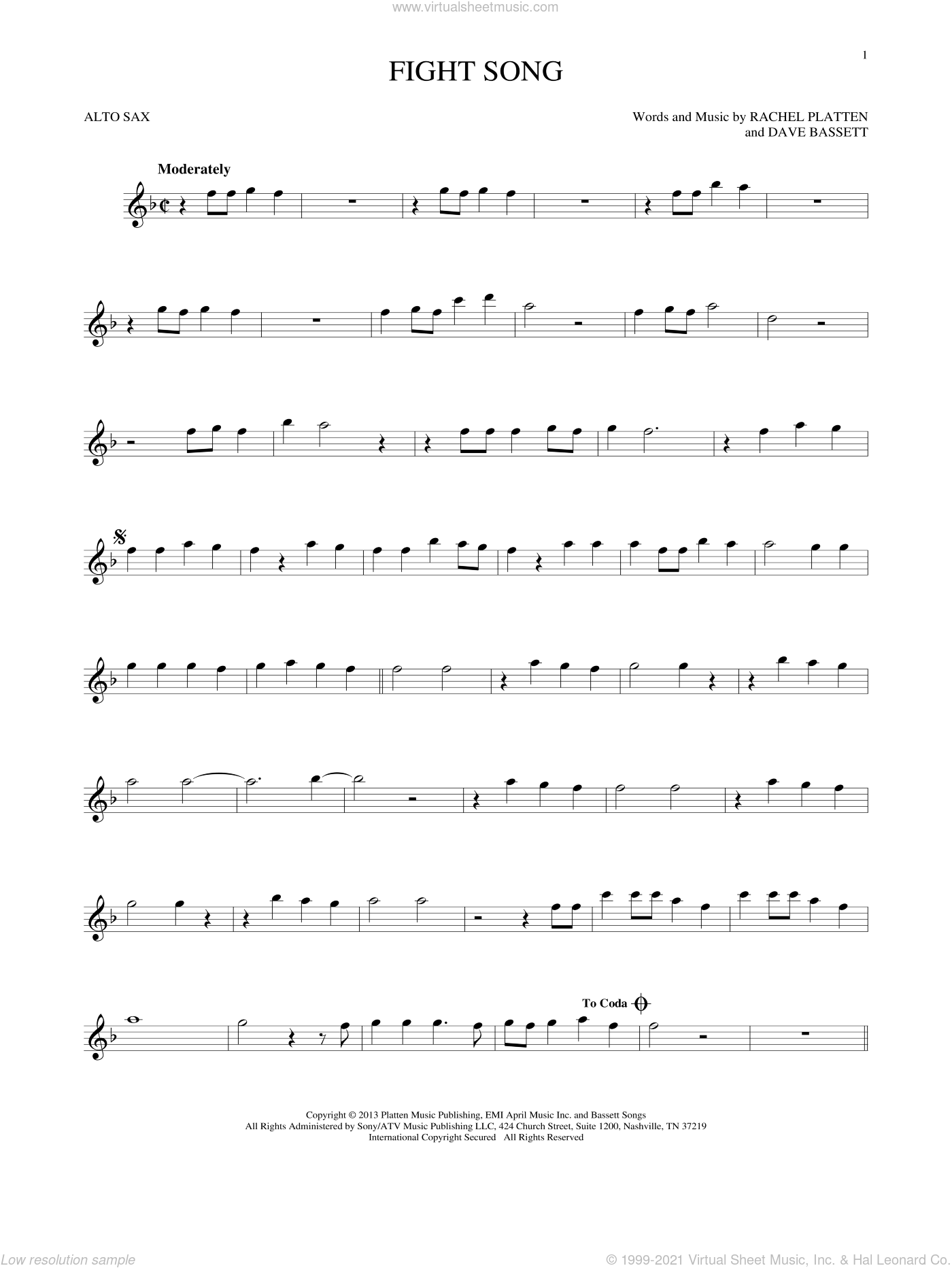 Platten Fight Song Sheet Music For Alto Saxophone Solo [pdf]