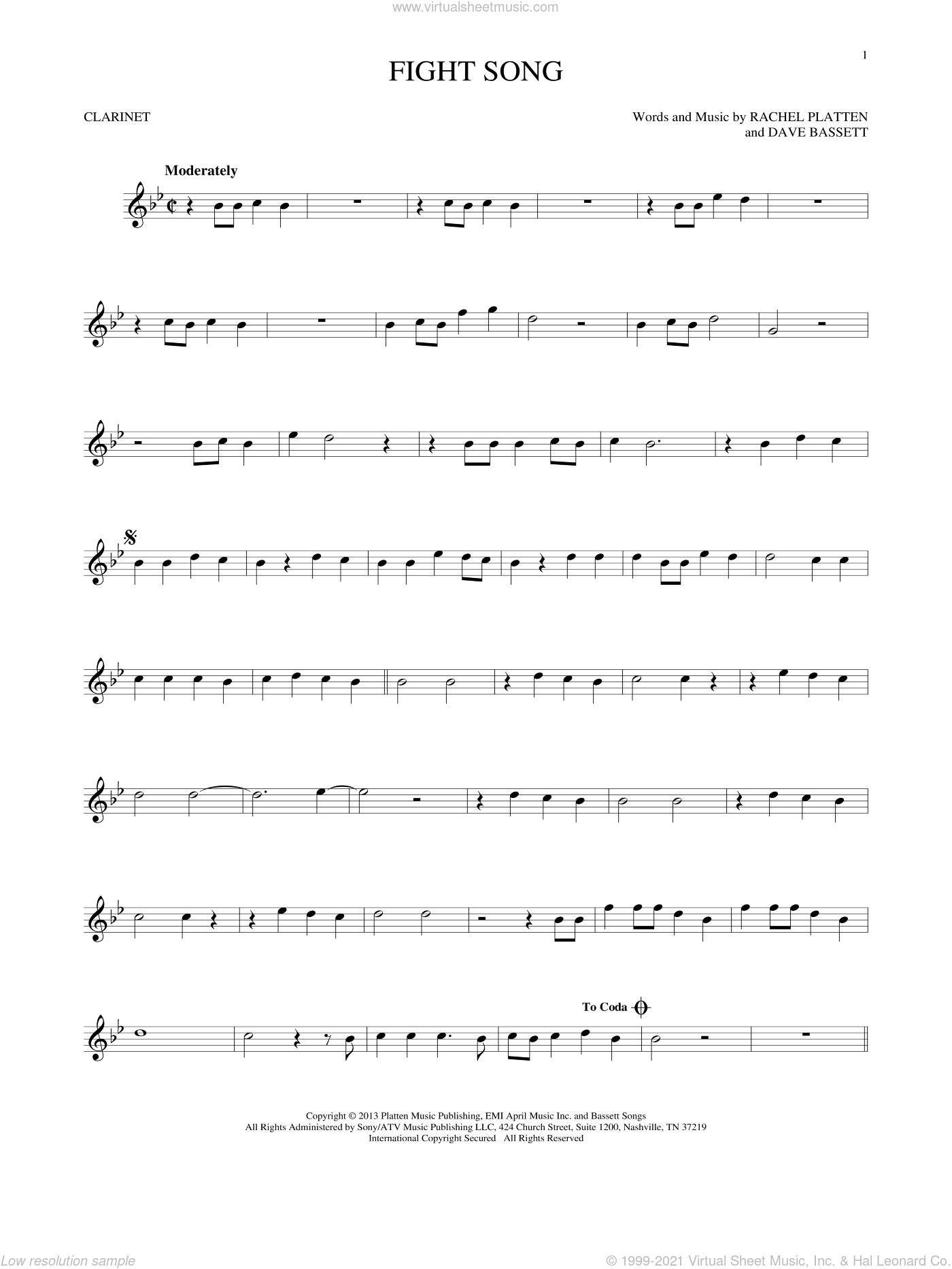 Platten - Fight Song sheet music for clarinet solo [PDF]