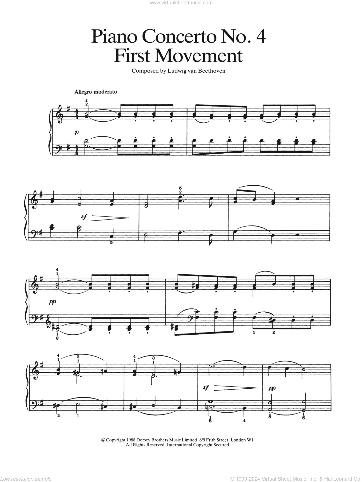 Beethoven Piano Concerto No.4 In G Major, First Movement sheet music for piano solo