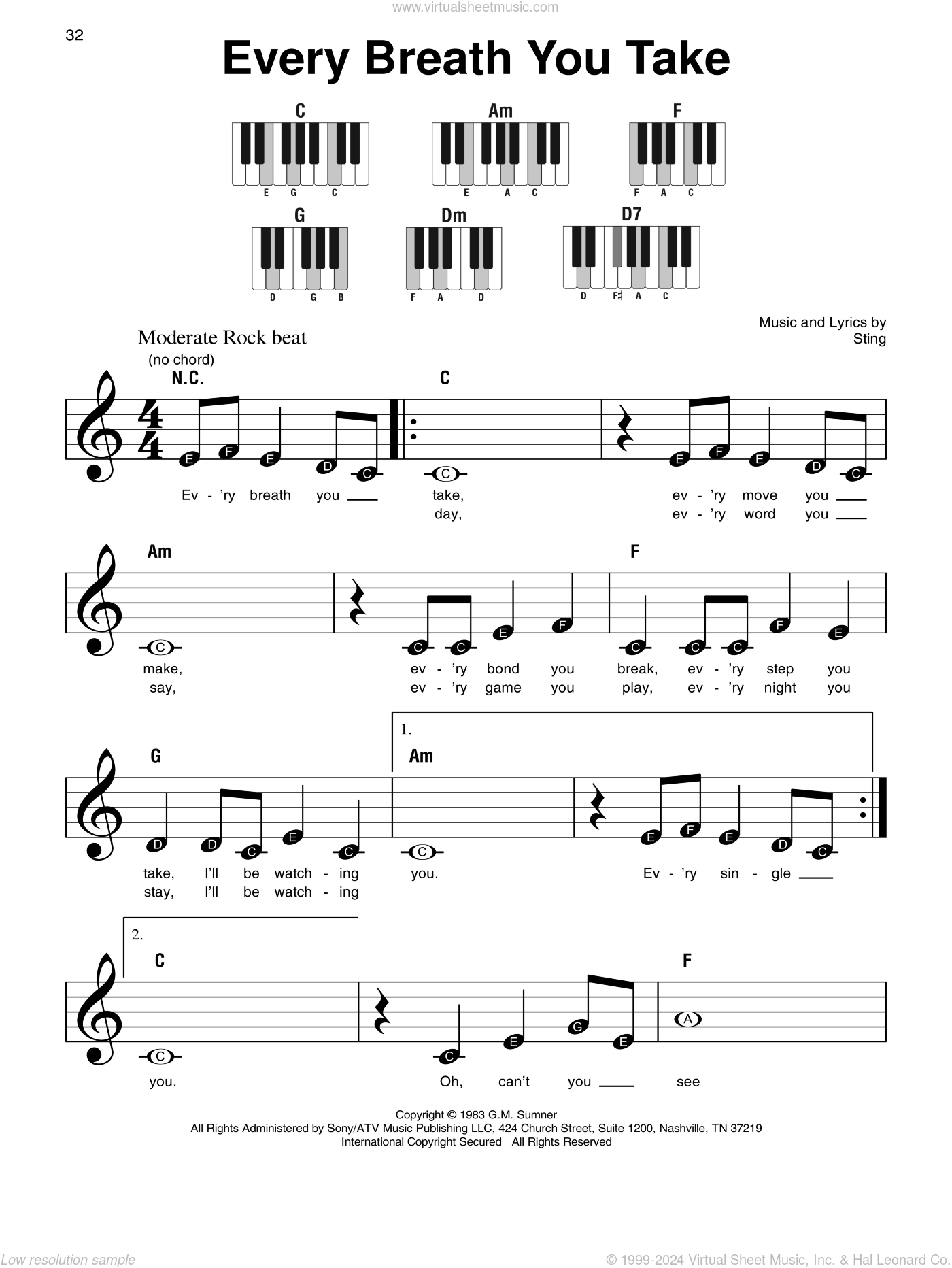 Police - Every Breath You Take, (beginner) sheet music for piano solo