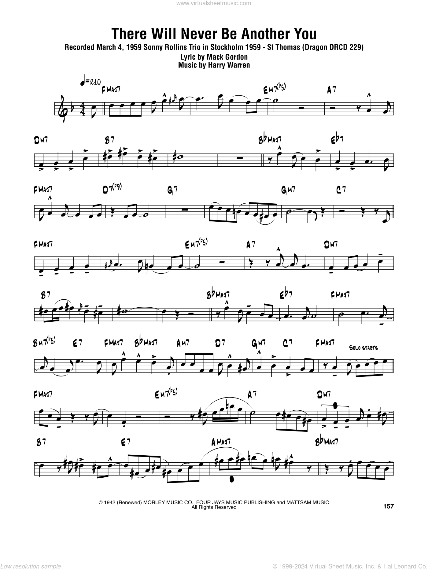 There Will Never Be Another You sheet music for tenor saxophone solo ...