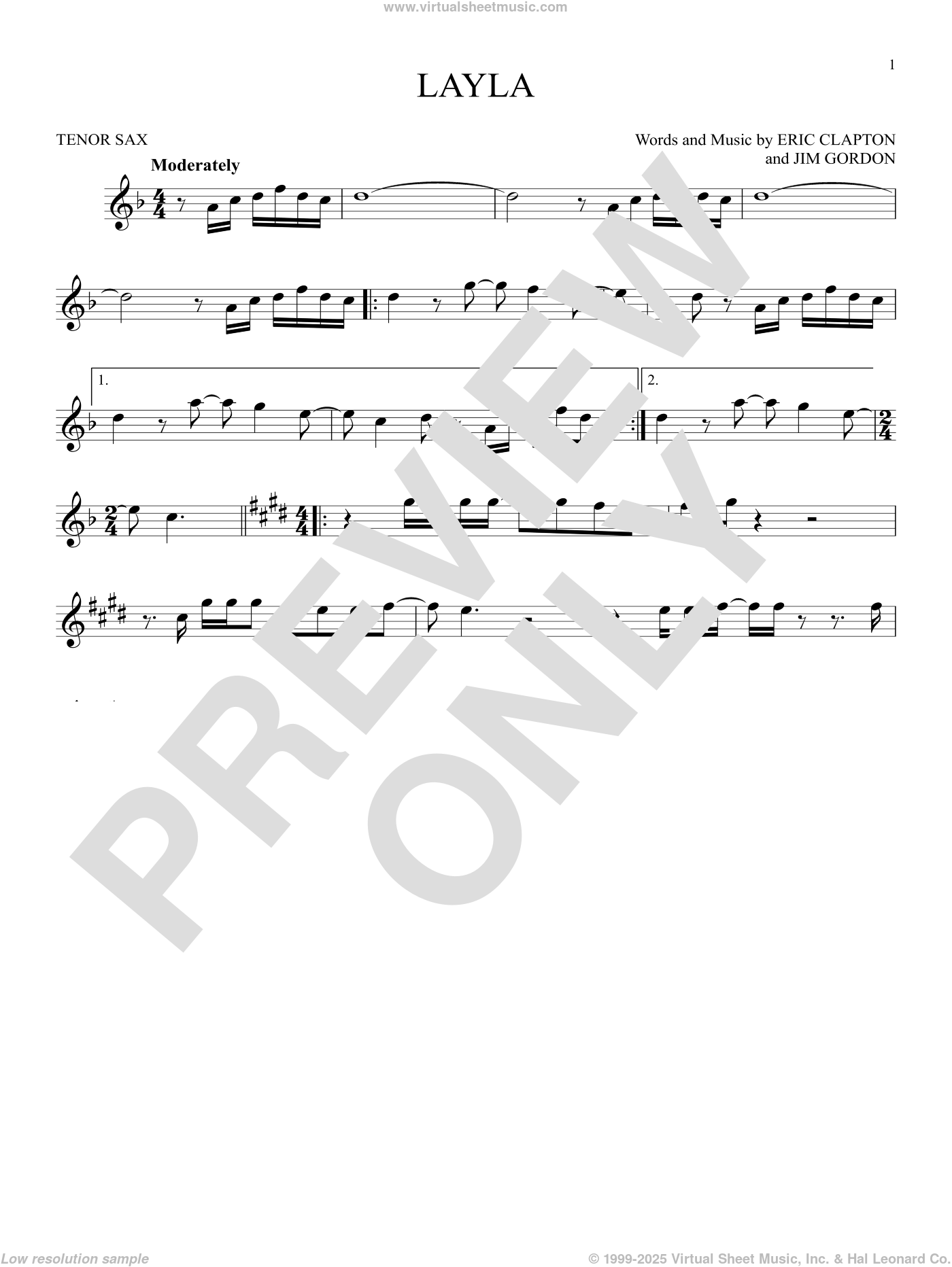 Layla sheet music for tenor saxophone solo (PDF-interactive)