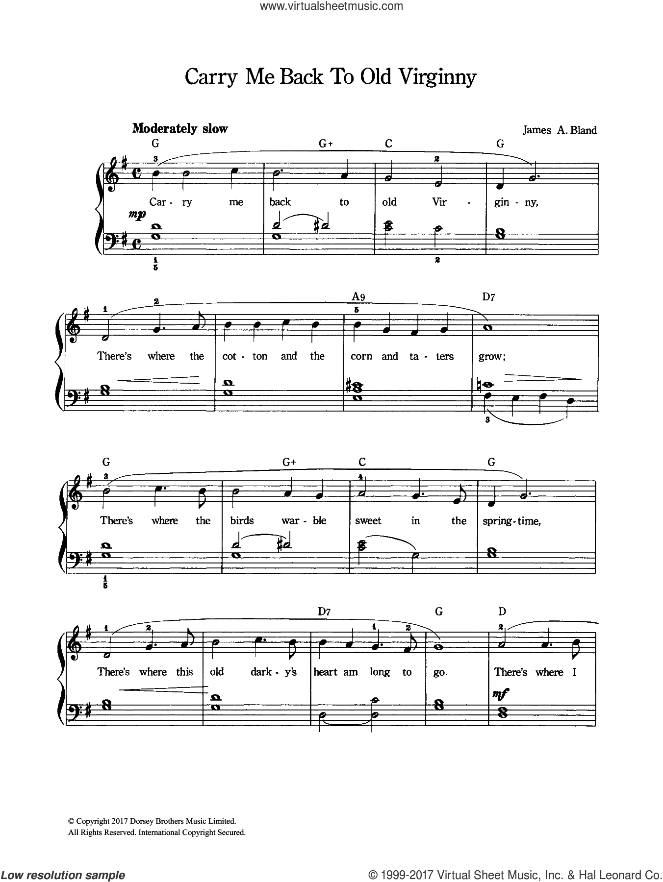 Bland Carry Me Back To Old Virginny Sheet Music For Voice And Piano